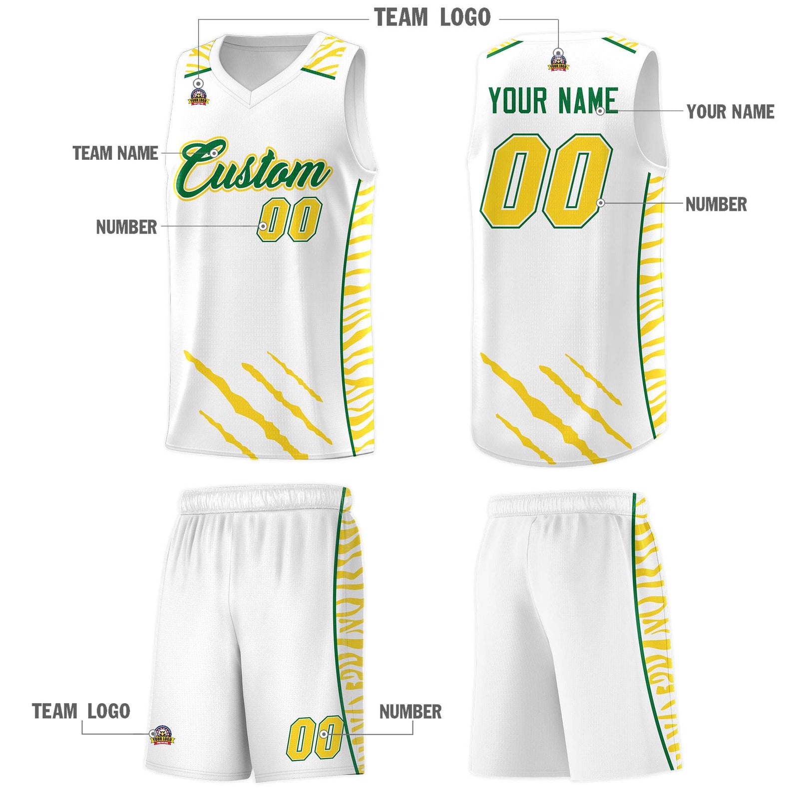 Custom White Personalized Tiger Claw Pattern Sports Uniform Basketball Jersey