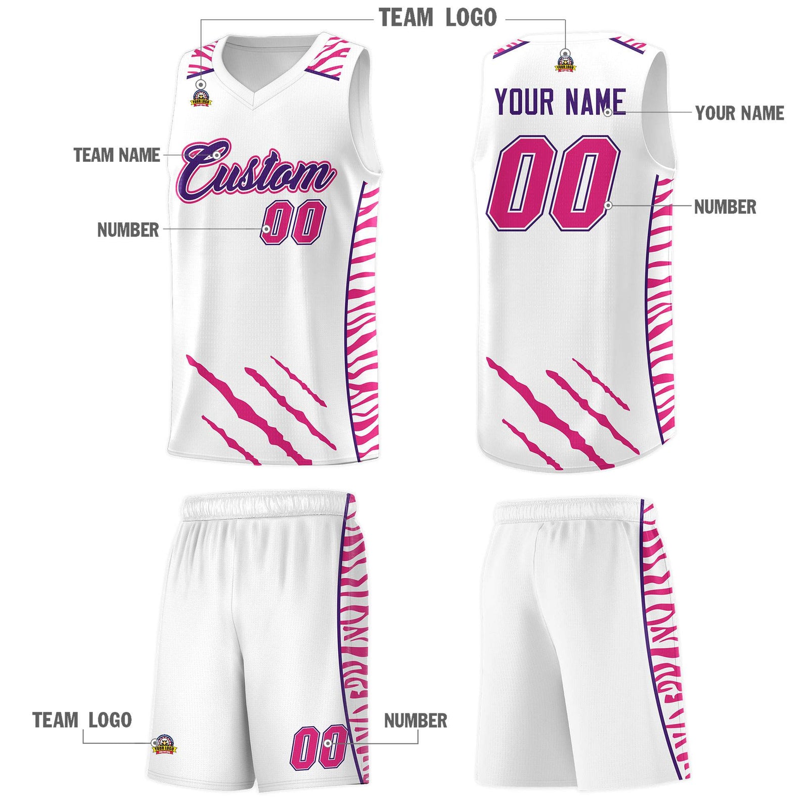 Custom White Personalized Tiger Claw Pattern Sports Uniform Basketball Jersey