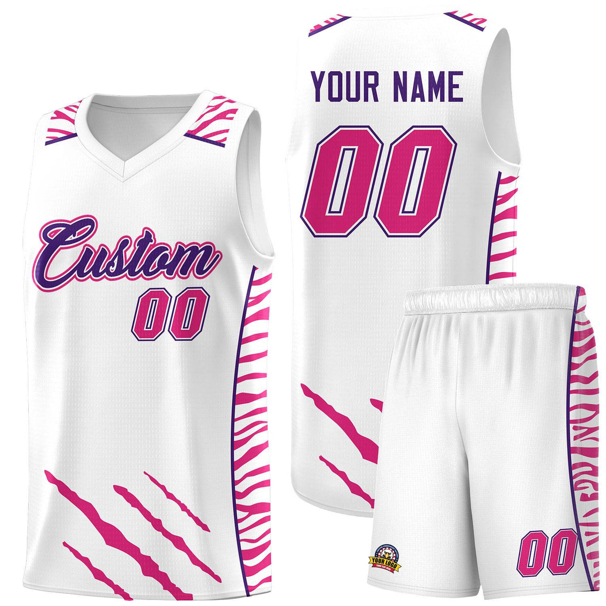Custom White Personalized Tiger Claw Pattern Sports Uniform Basketball Jersey