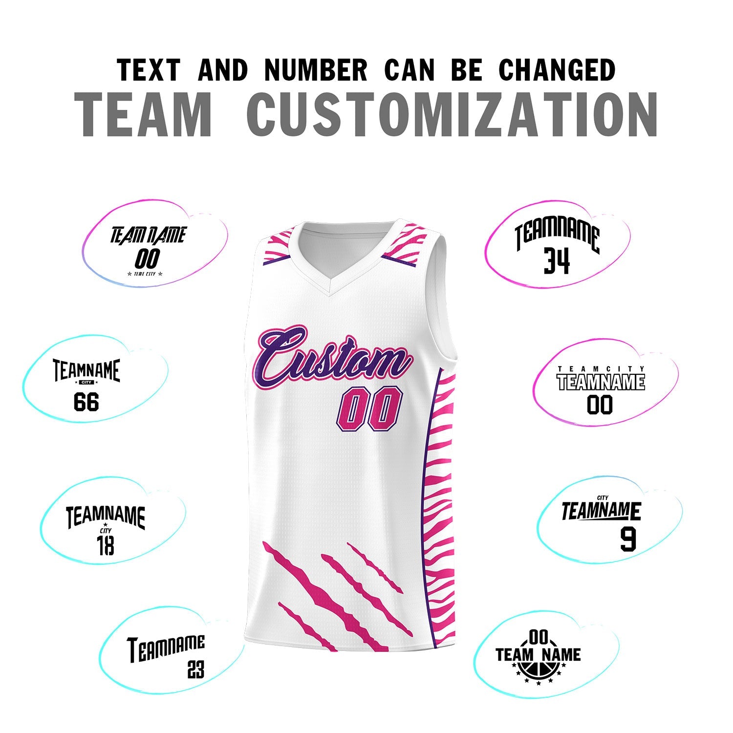 Custom White Personalized Tiger Claw Pattern Sports Uniform Basketball Jersey