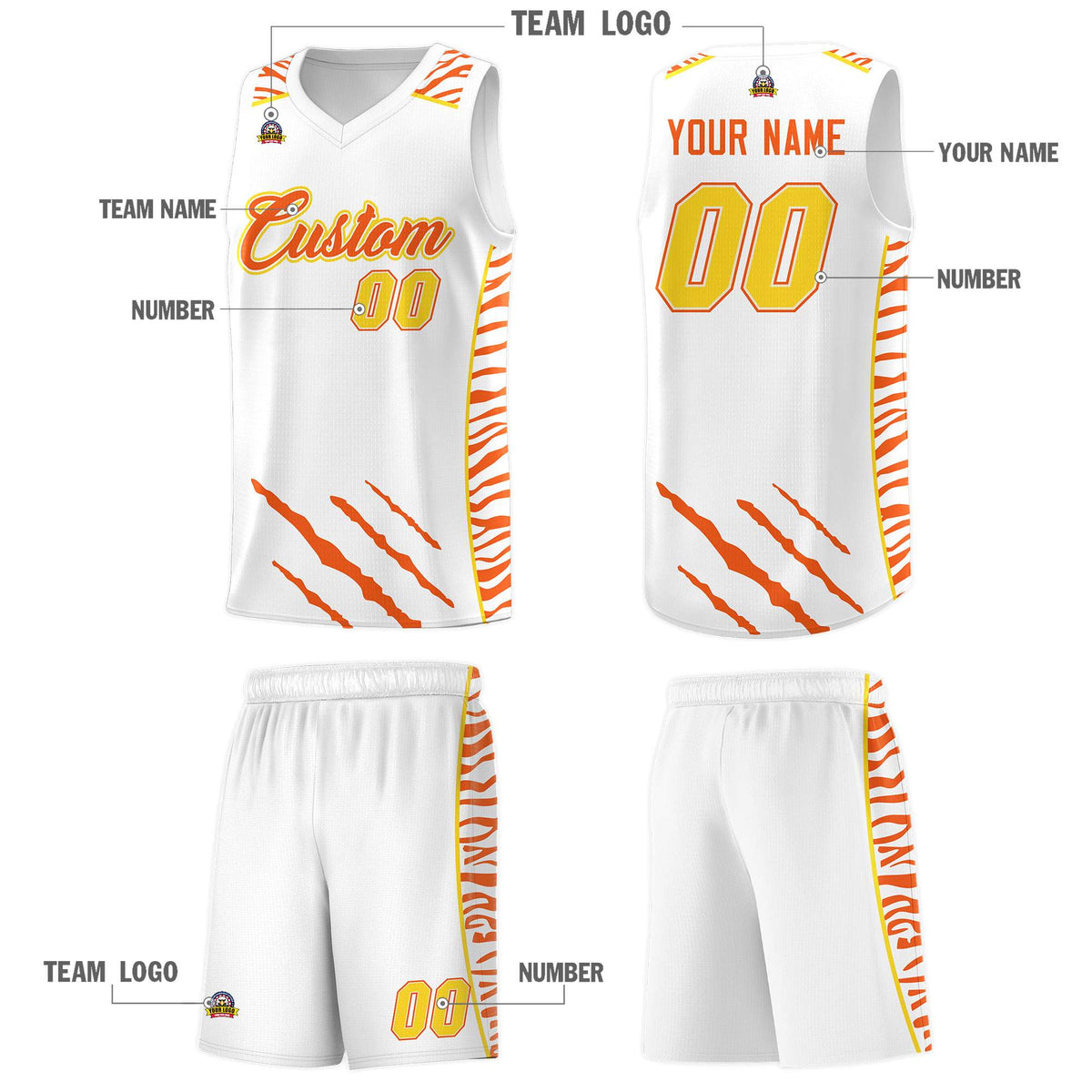 Custom White Personalized Tiger Claw Pattern Sports Uniform Basketball Jersey