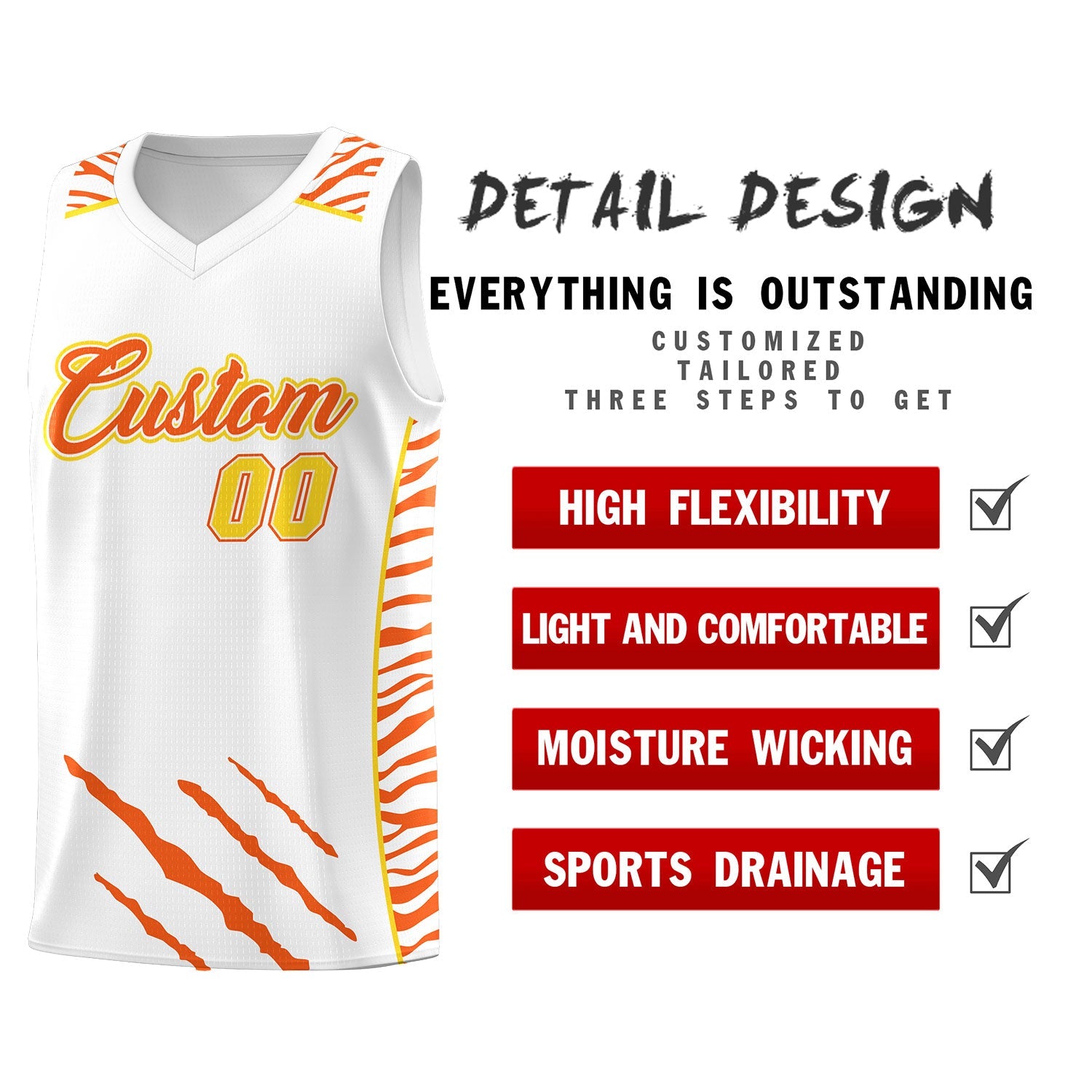 Custom White Personalized Tiger Claw Pattern Sports Uniform Basketball Jersey