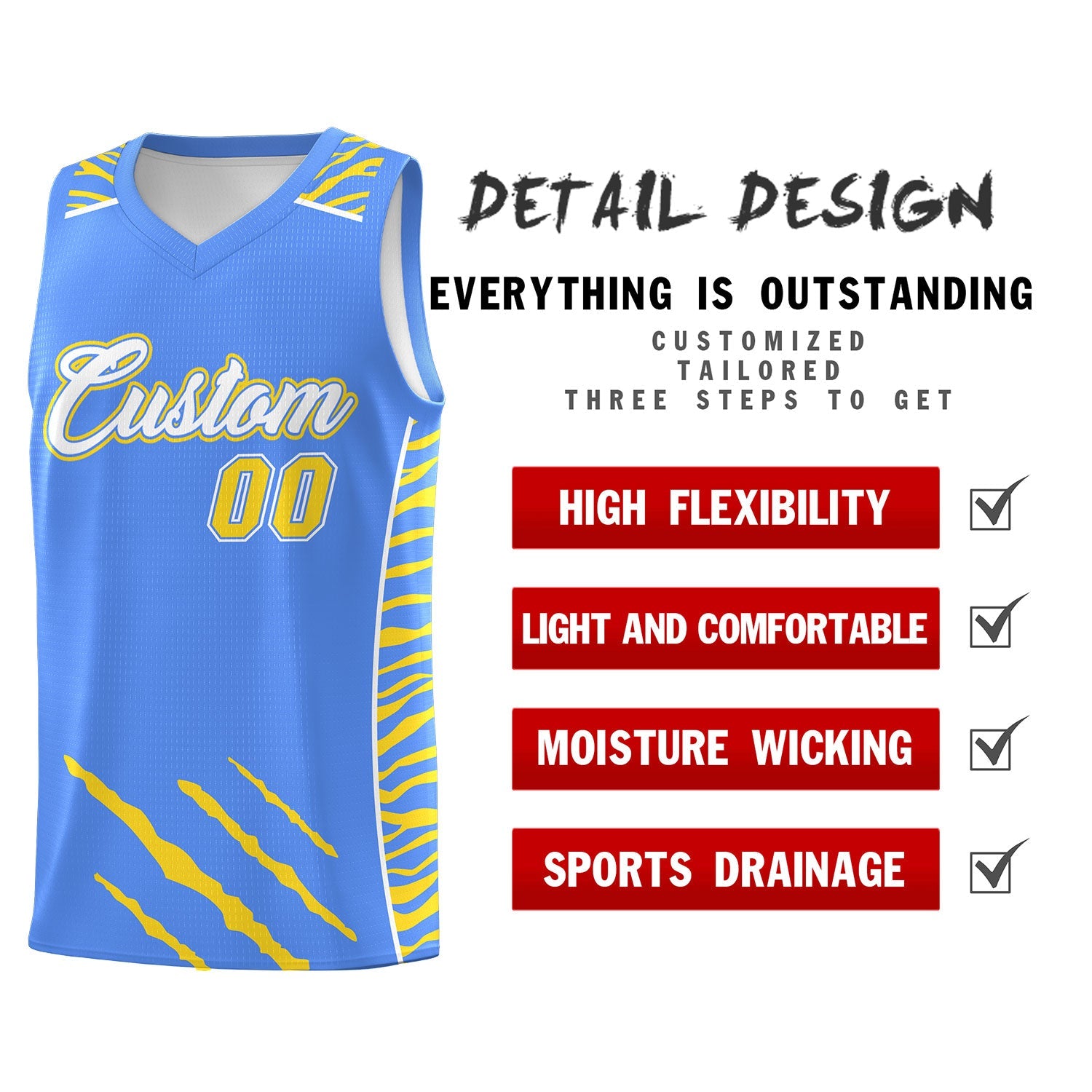 Custom Powder Blue Personalized Tiger Claw Pattern Sports Uniform Basketball Jersey