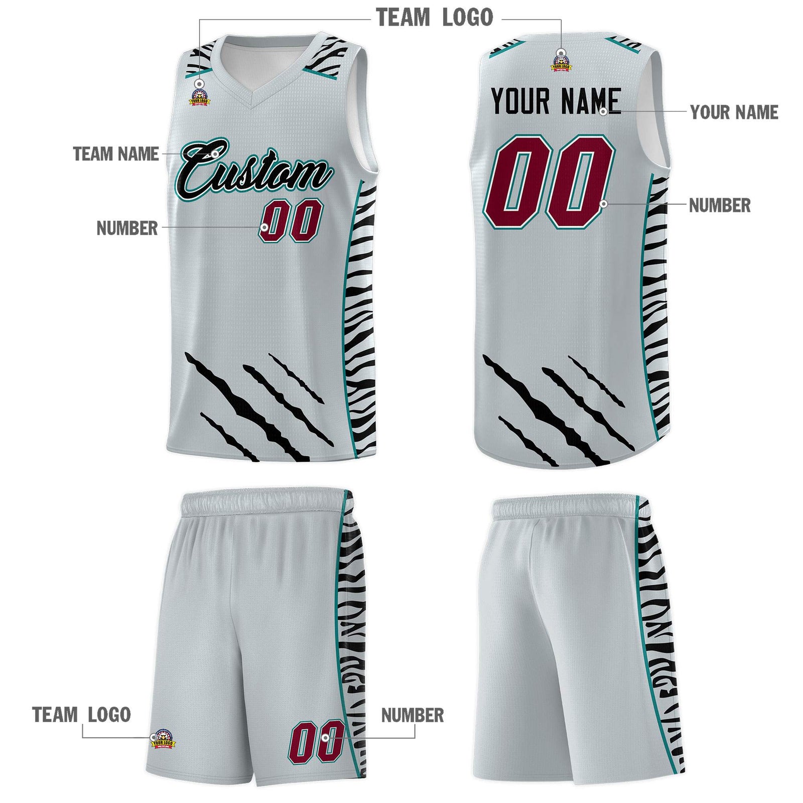 Custom Silver Personalized Tiger Claw Pattern Sports Uniform Basketball Jersey