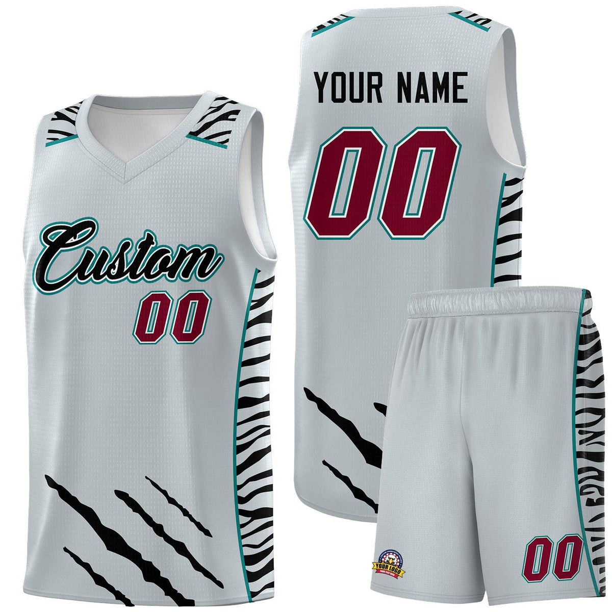 Custom Silver Personalized Tiger Claw Pattern Sports Uniform Basketball Jersey