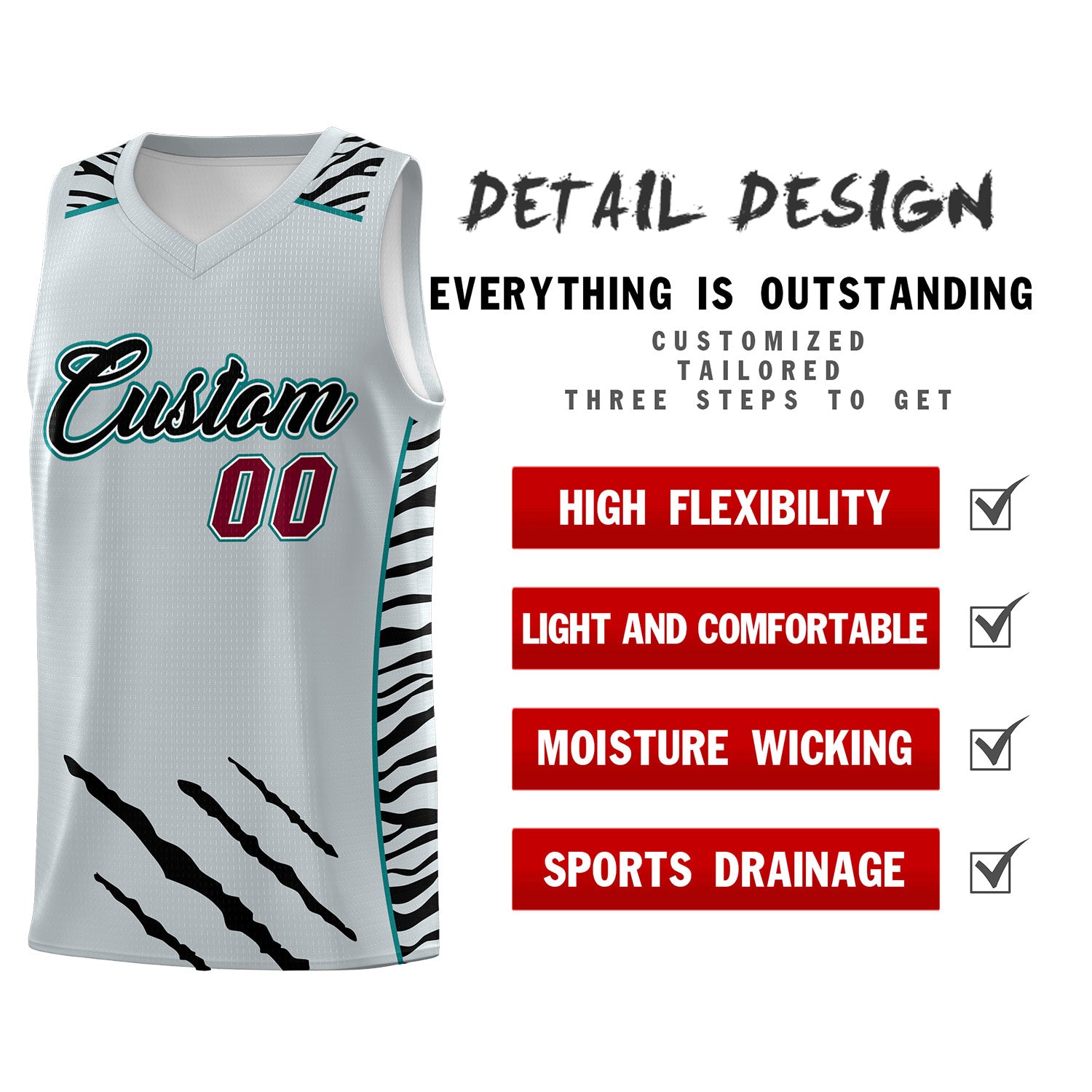 Custom Silver Personalized Tiger Claw Pattern Sports Uniform Basketball Jersey