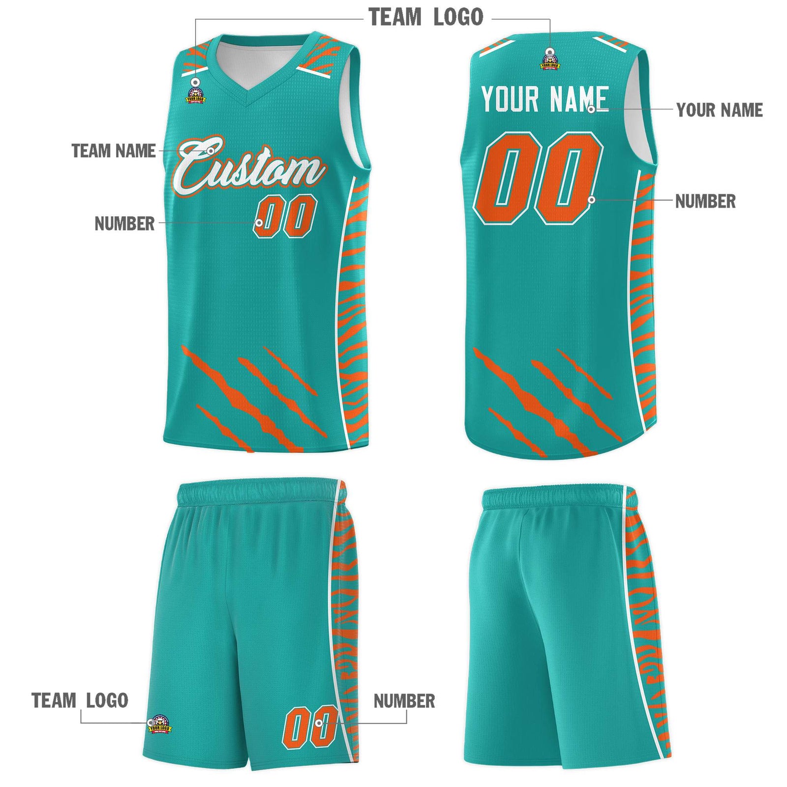 Custom Aqua Personalized Tiger Claw Pattern Sports Uniform Basketball Jersey