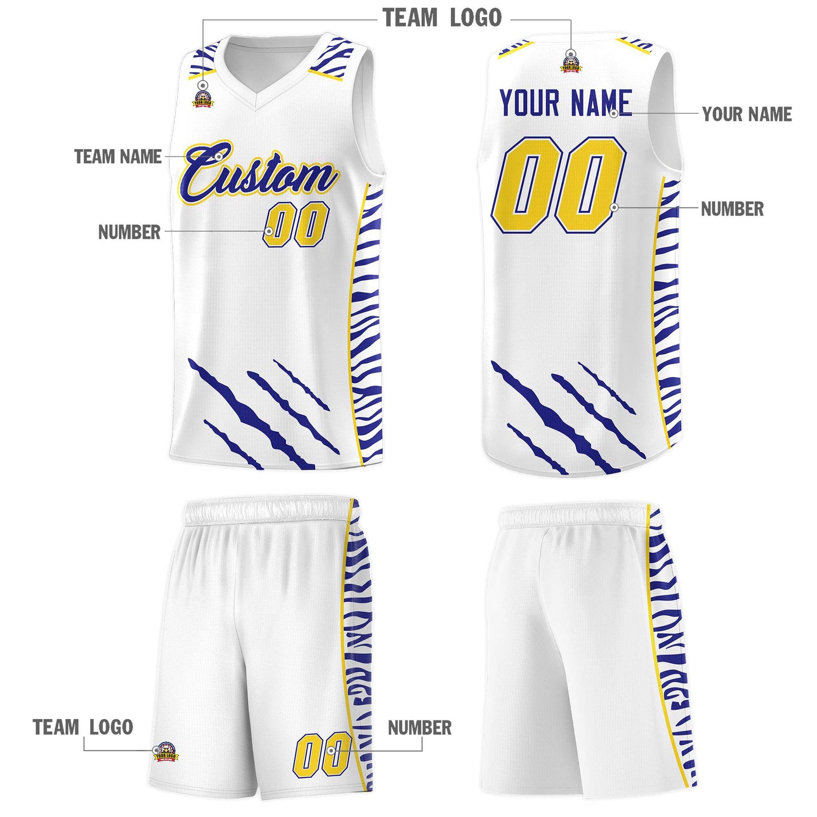 Custom White Personalized Tiger Claw Pattern Sports Uniform Basketball Jersey