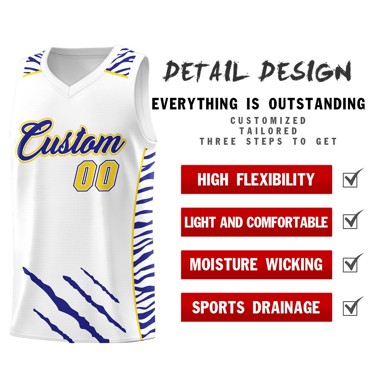 Custom White Personalized Tiger Claw Pattern Sports Uniform Basketball Jersey