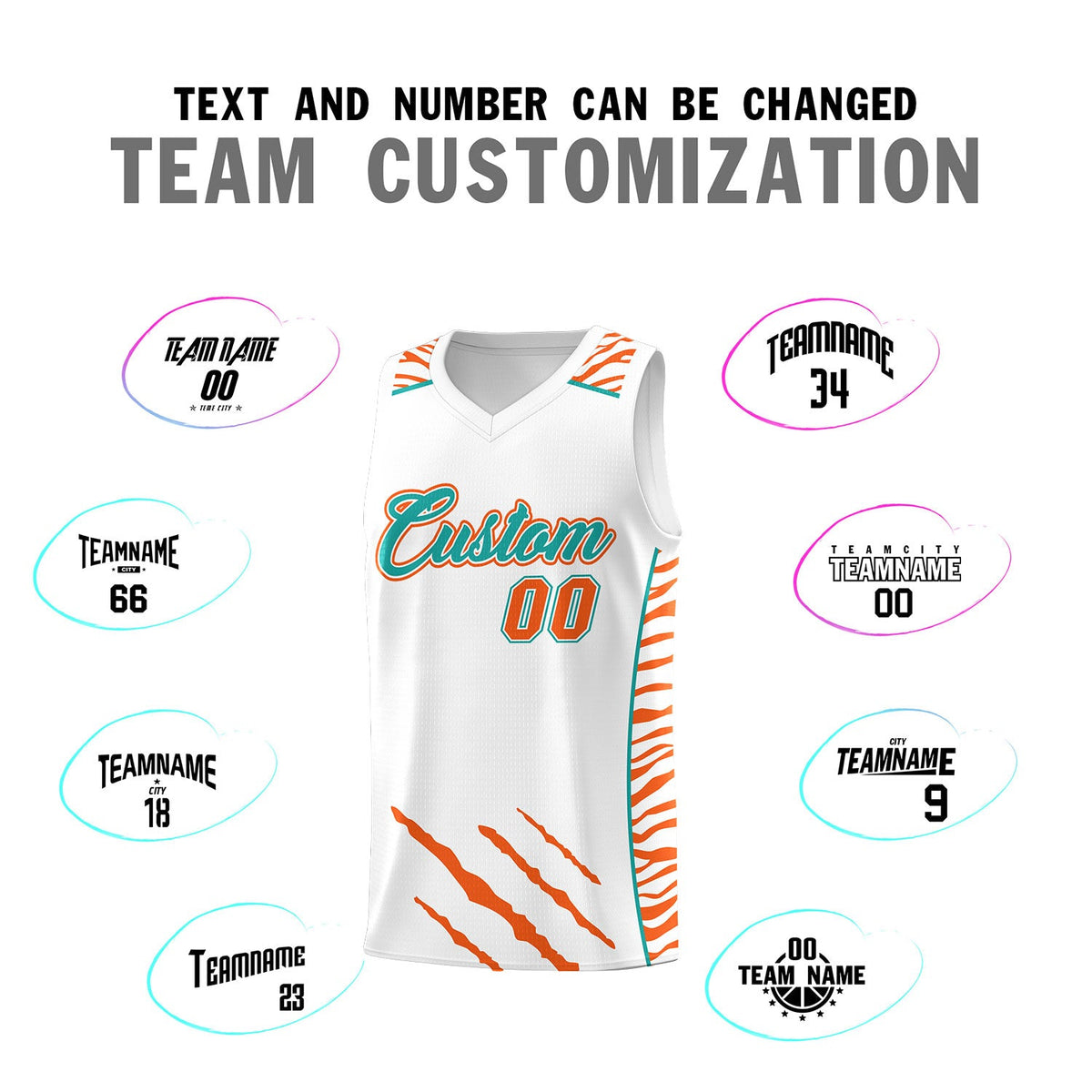 Custom White Personalized Tiger Claw Pattern Sports Uniform Basketball Jersey