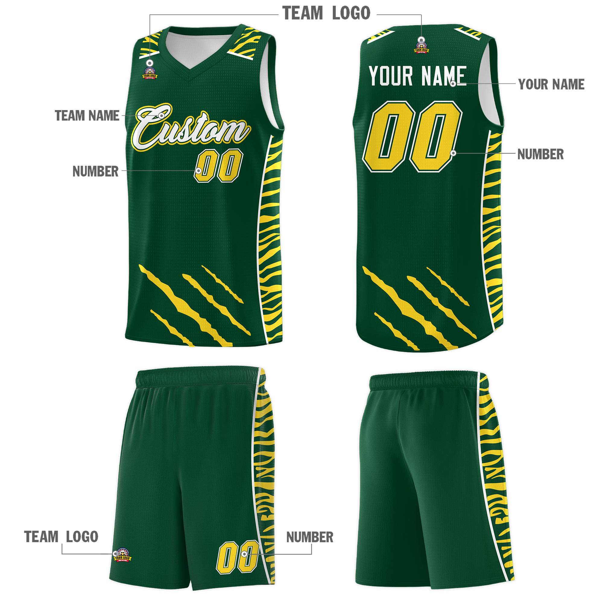 Custom Green Personalized Tiger Claw Pattern Sports Uniform Basketball Jersey