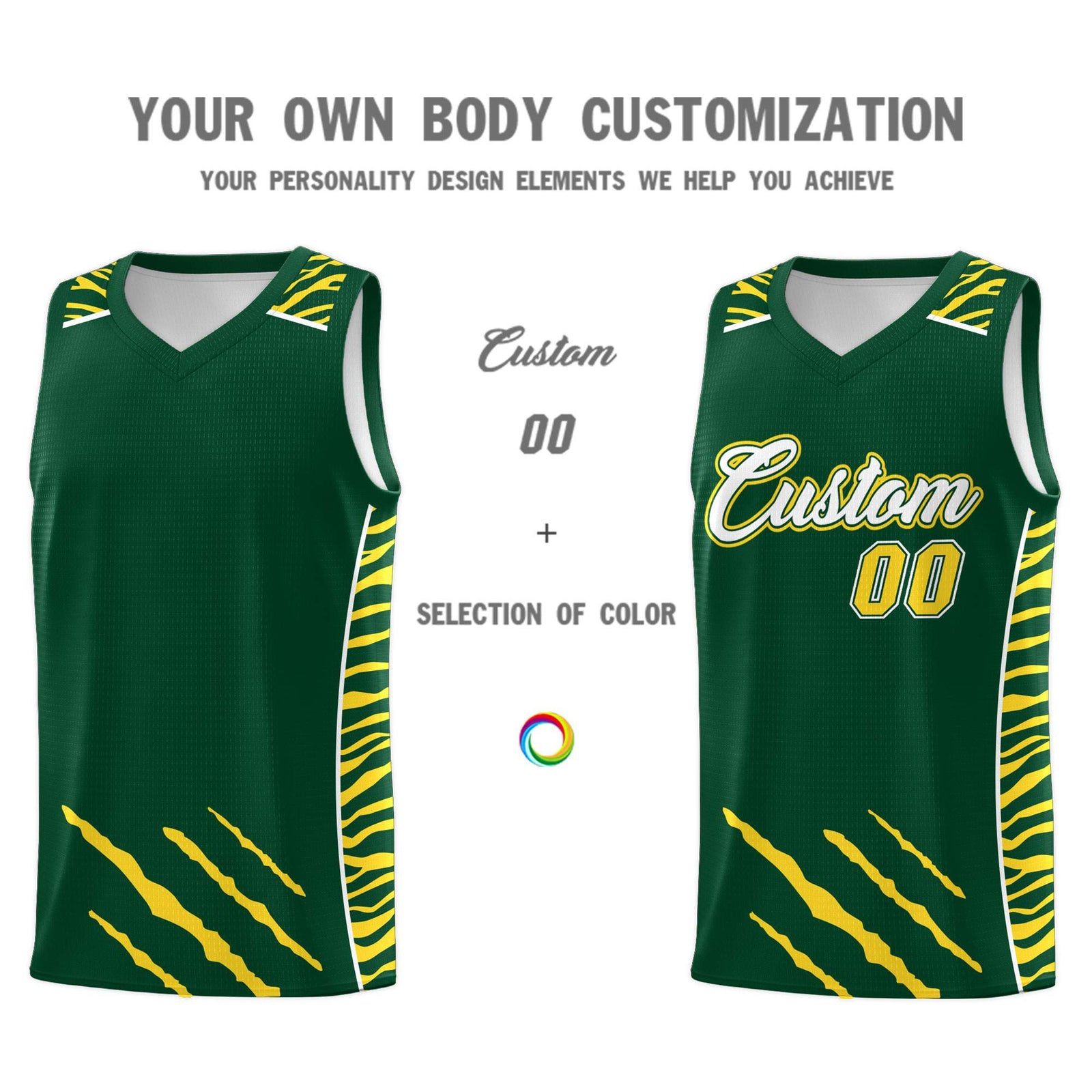 Custom Green Personalized Tiger Claw Pattern Sports Uniform Basketball Jersey