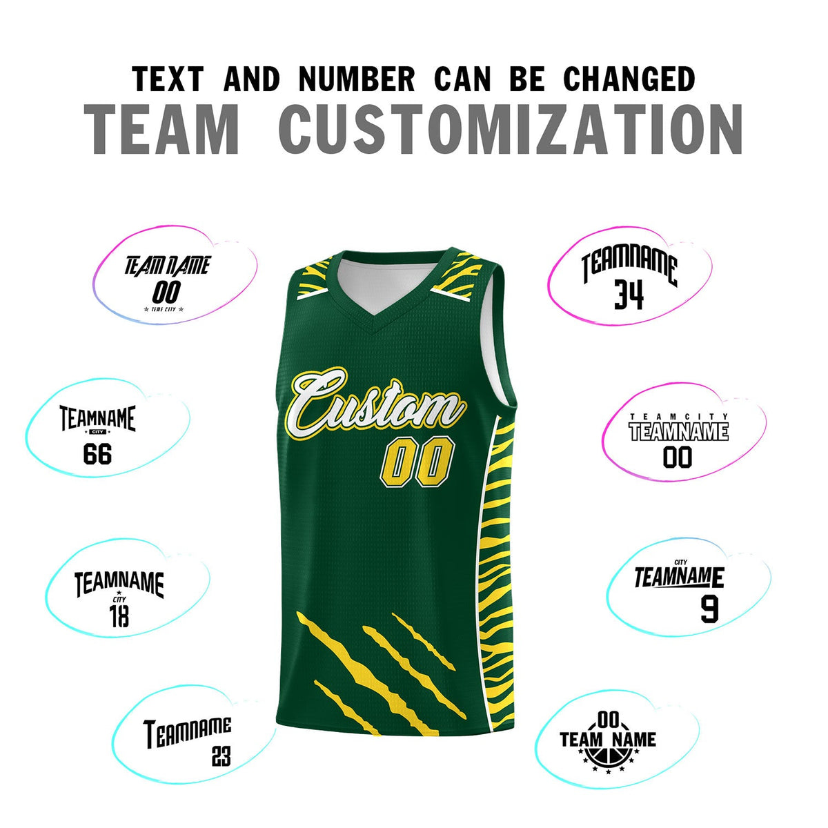 Custom Green Personalized Tiger Claw Pattern Sports Uniform Basketball Jersey