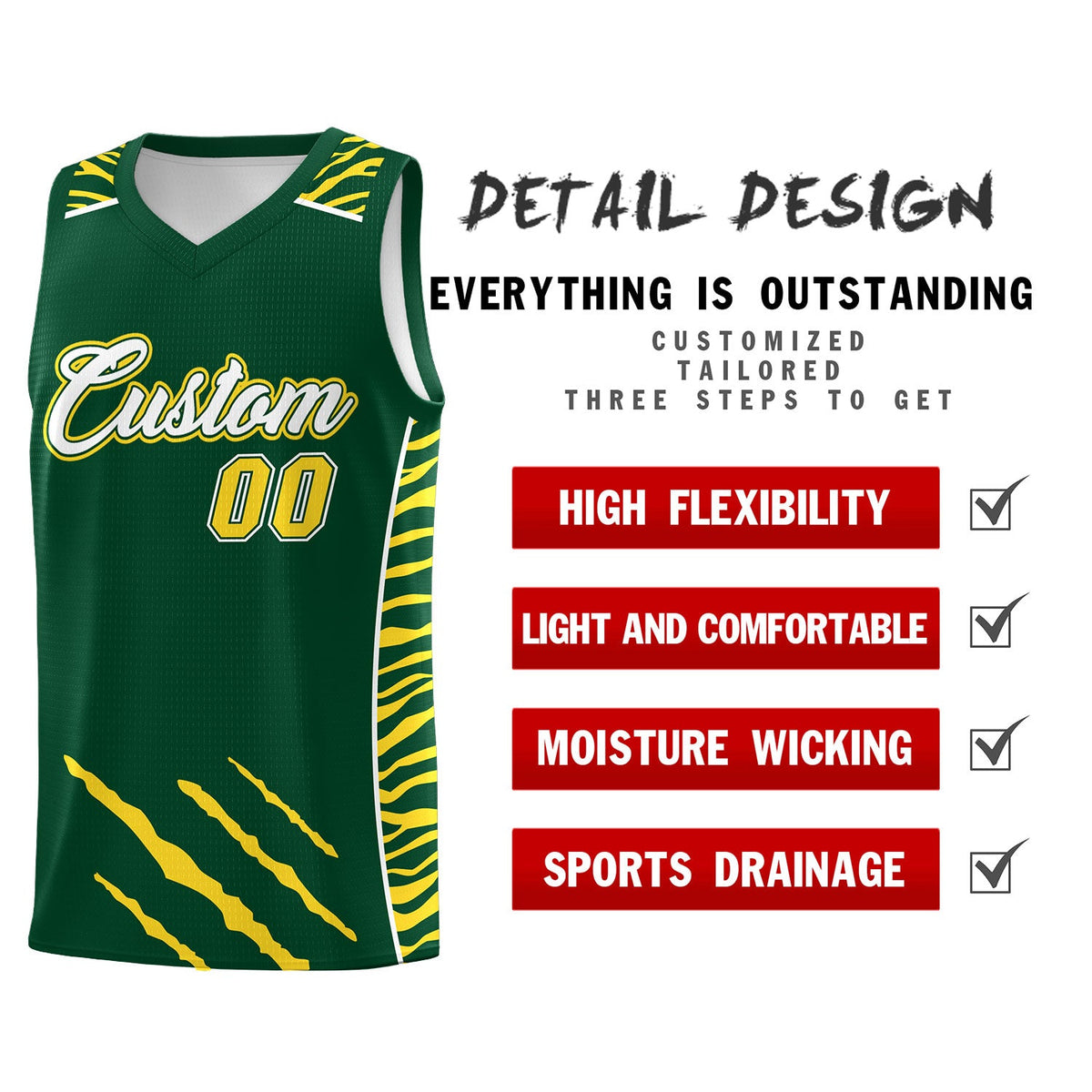 Custom Green Personalized Tiger Claw Pattern Sports Uniform Basketball Jersey