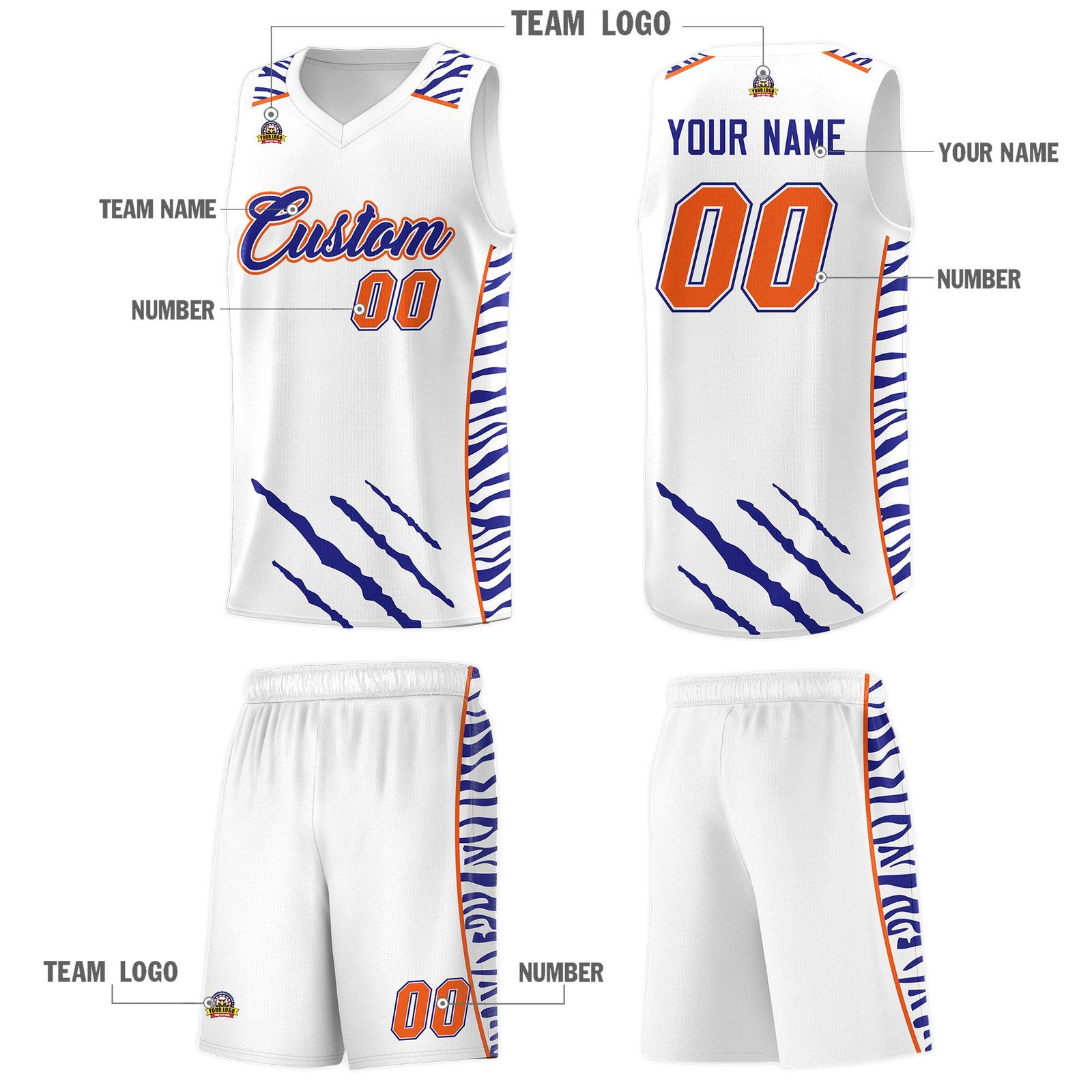 Custom White Personalized Tiger Claw Pattern Sports Uniform Basketball Jersey