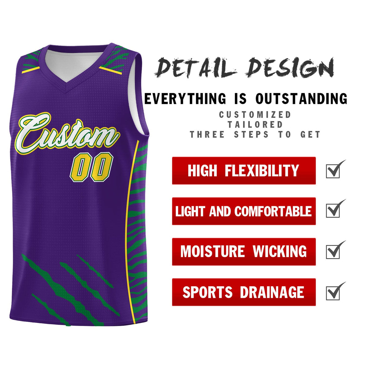 Custom Purple Personalized Tiger Claw Pattern Sports Uniform Basketball Jersey