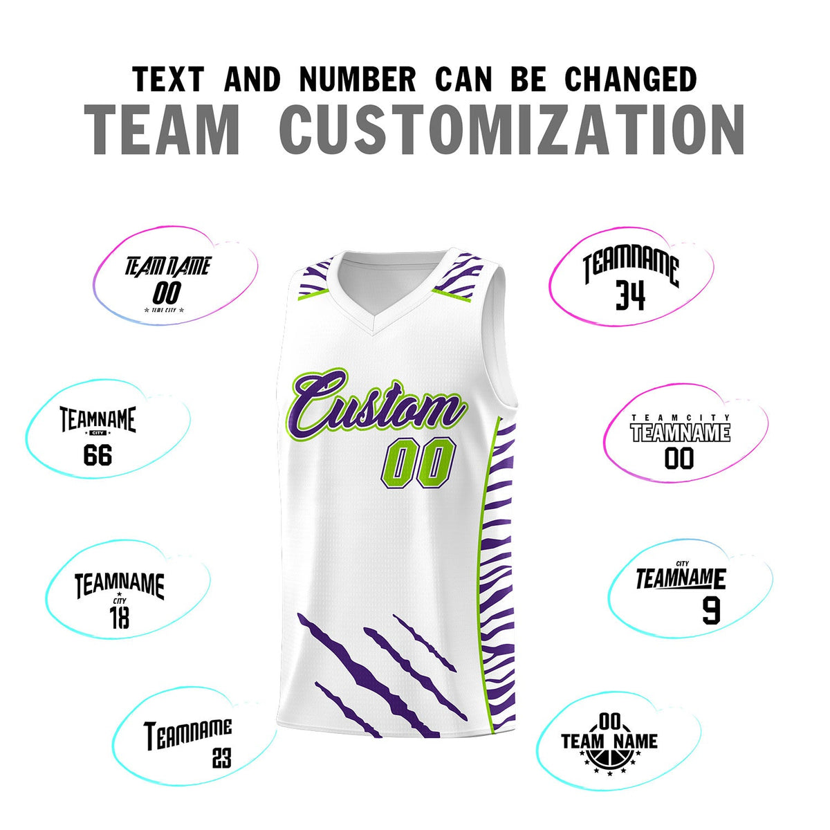 Custom White Personalized Tiger Claw Pattern Sports Uniform Basketball Jersey