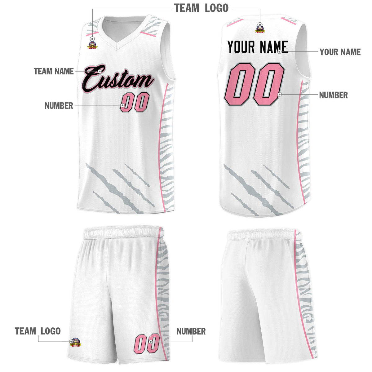 Custom White Personalized Tiger Claw Pattern Sports Uniform Basketball Jersey