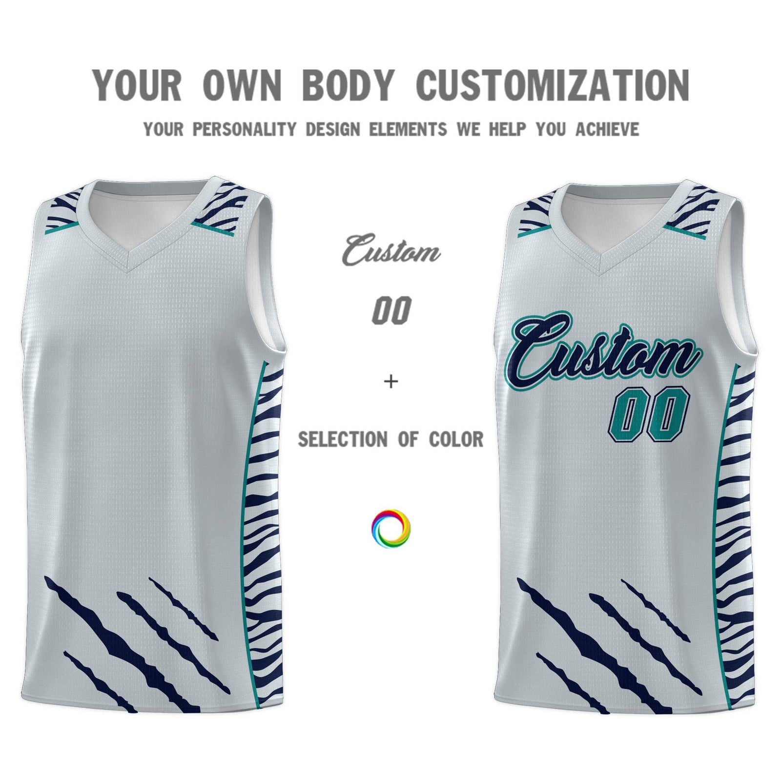 Custom Silver Personalized Tiger Claw Pattern Sports Uniform Basketball Jersey