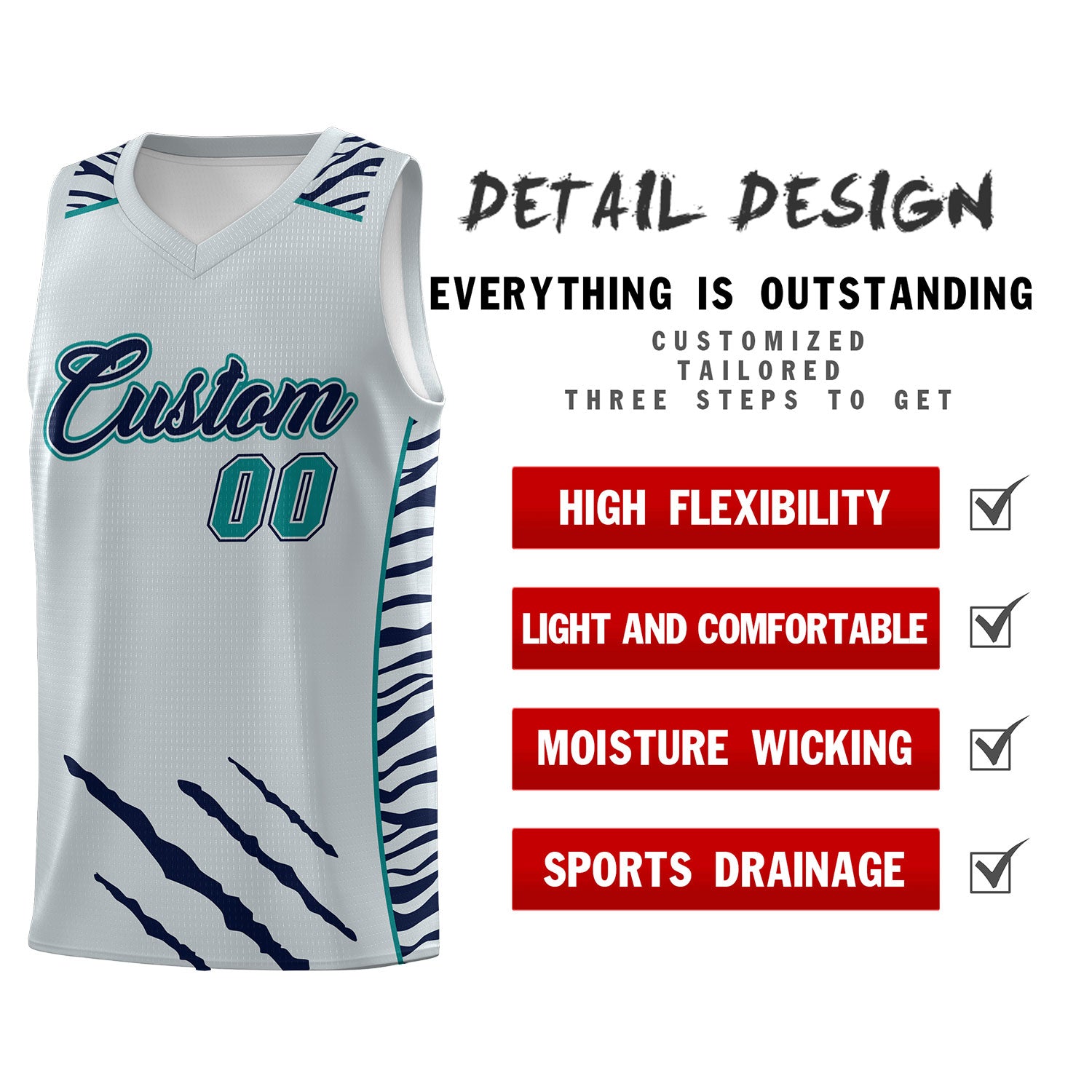Custom Silver Personalized Tiger Claw Pattern Sports Uniform Basketball Jersey