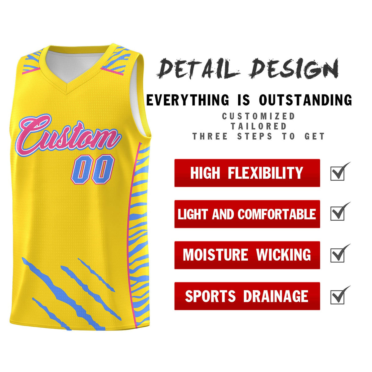 Custom Gold Personalized Tiger Claw Pattern Sports Uniform Basketball Jersey