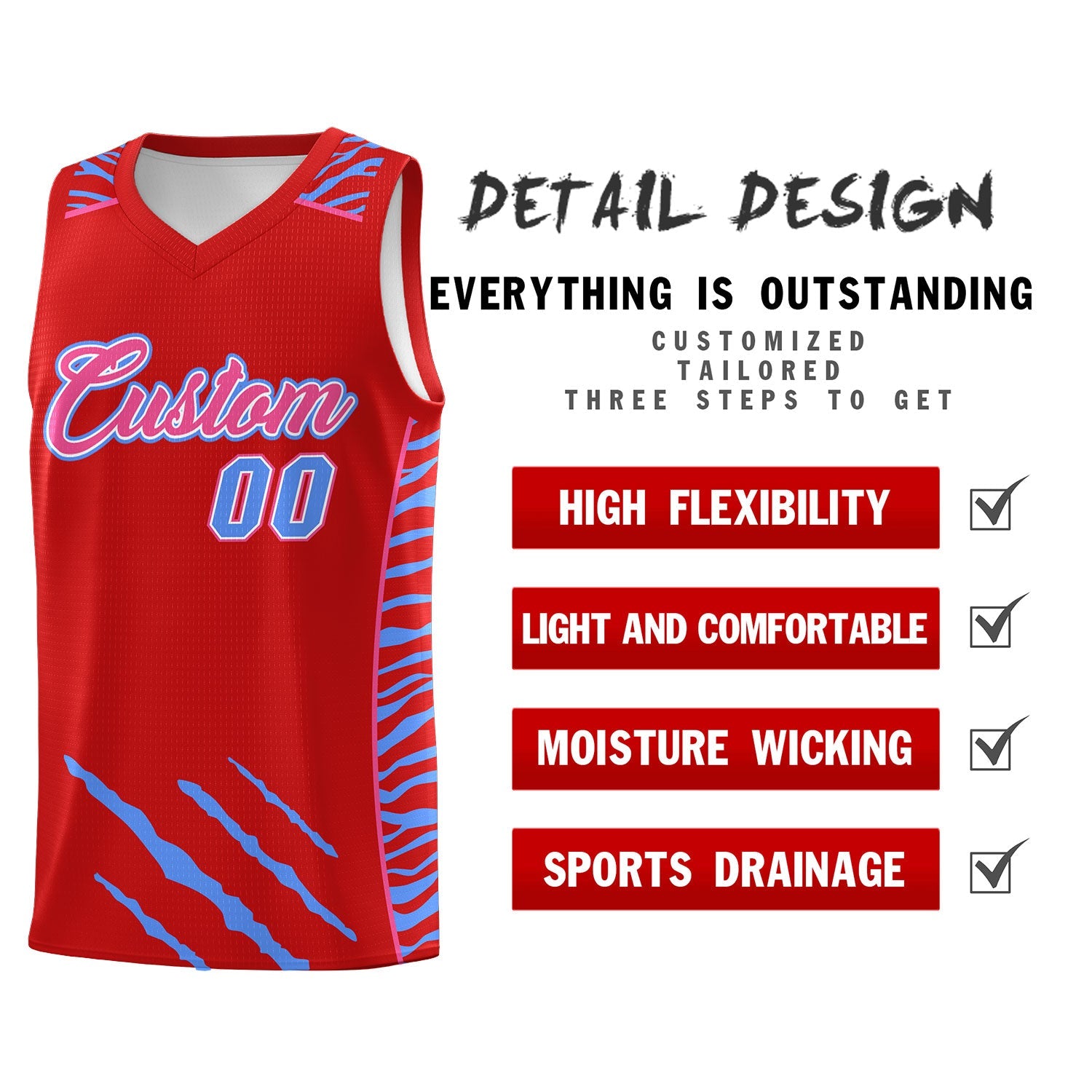 Custom Red Personalized Tiger Claw Pattern Sports Uniform Basketball Jersey