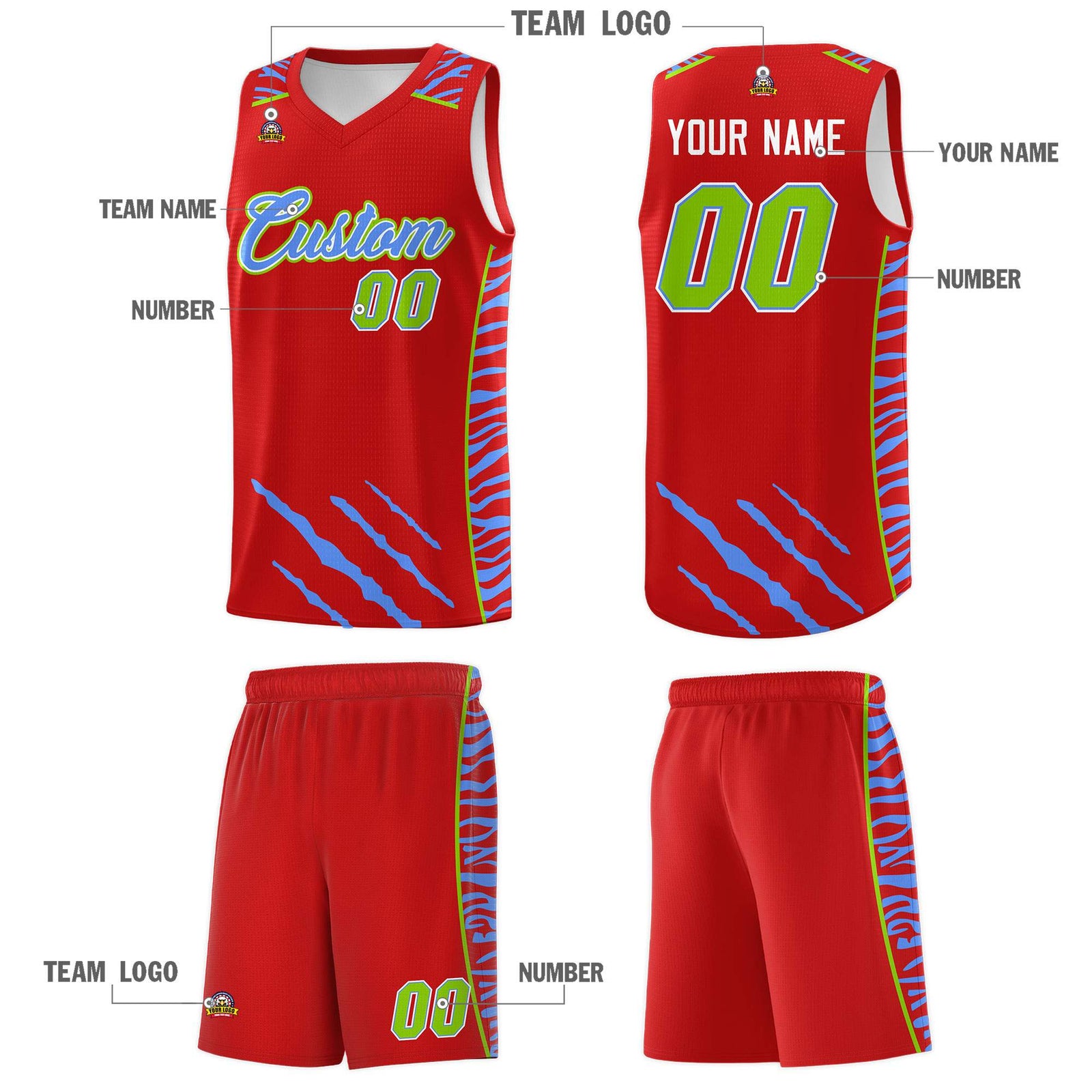 Custom Red Personalized Tiger Claw Pattern Sports Uniform Basketball Jersey