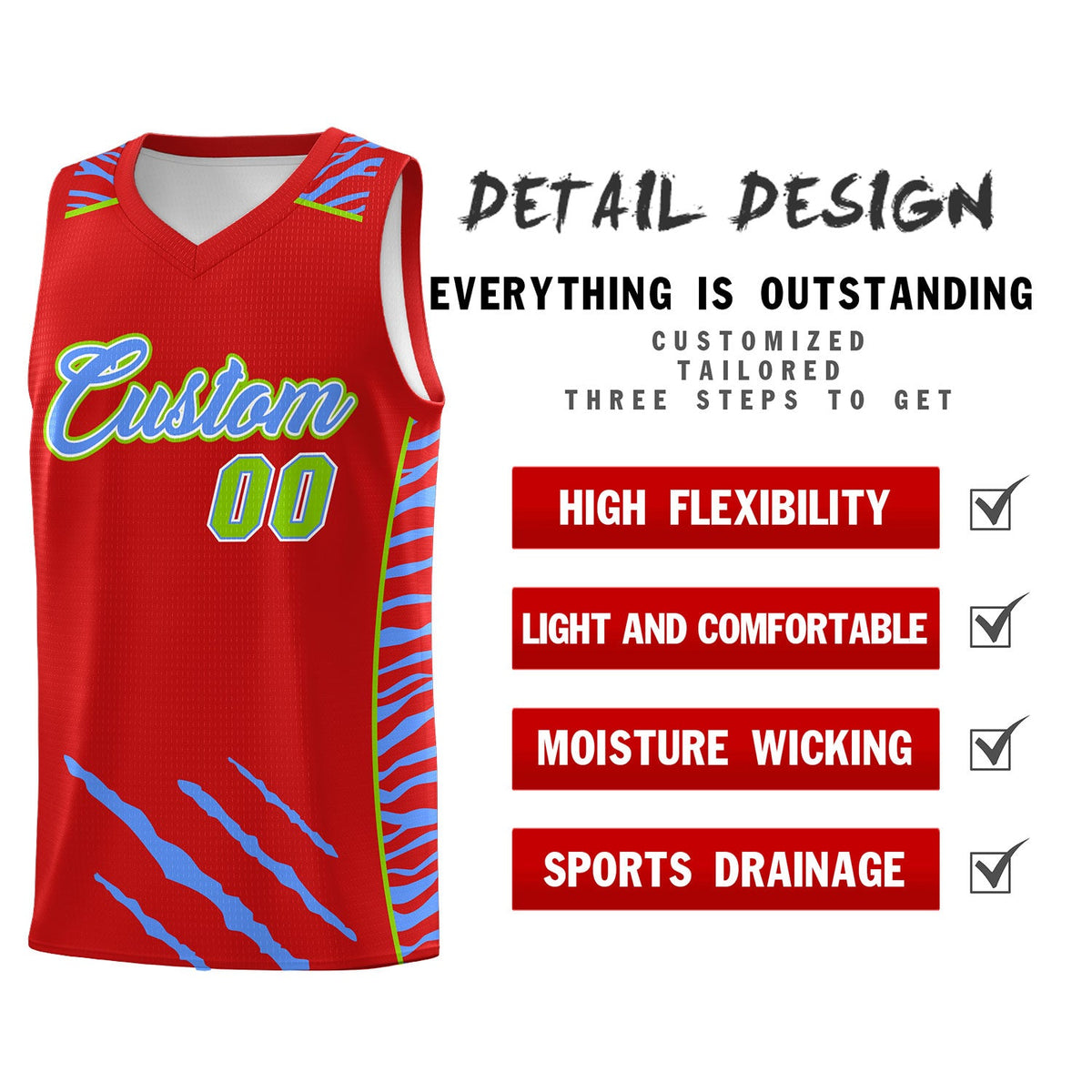 Custom Red Personalized Tiger Claw Pattern Sports Uniform Basketball Jersey
