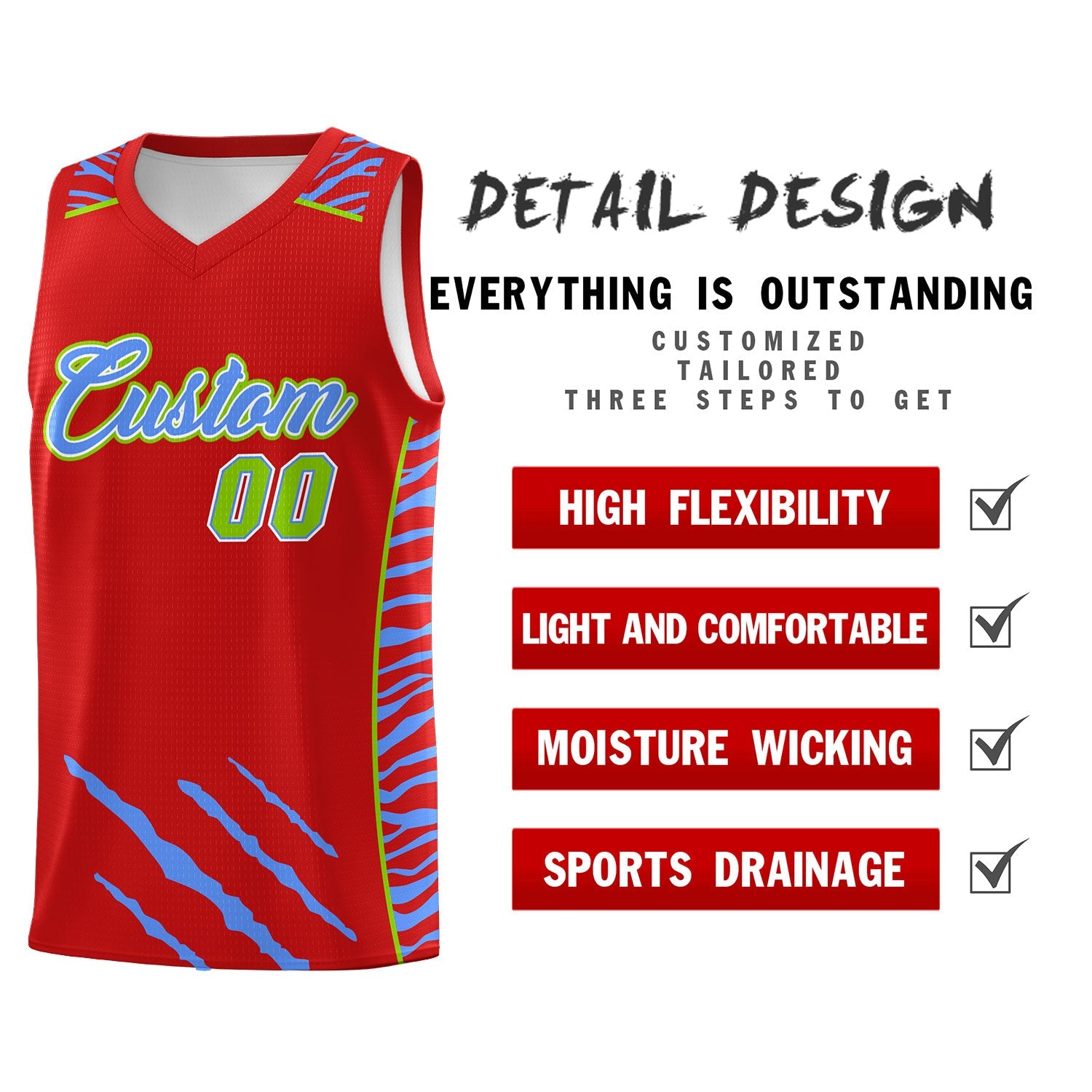 Custom Red Personalized Tiger Claw Pattern Sports Uniform Basketball Jersey