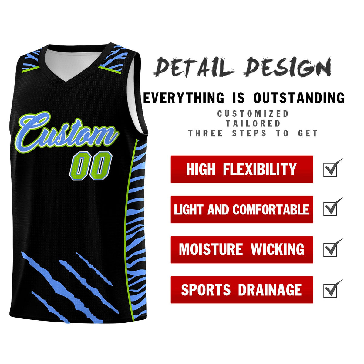 Custom Black Personalized Tiger Claw Pattern Sports Uniform Basketball Jersey
