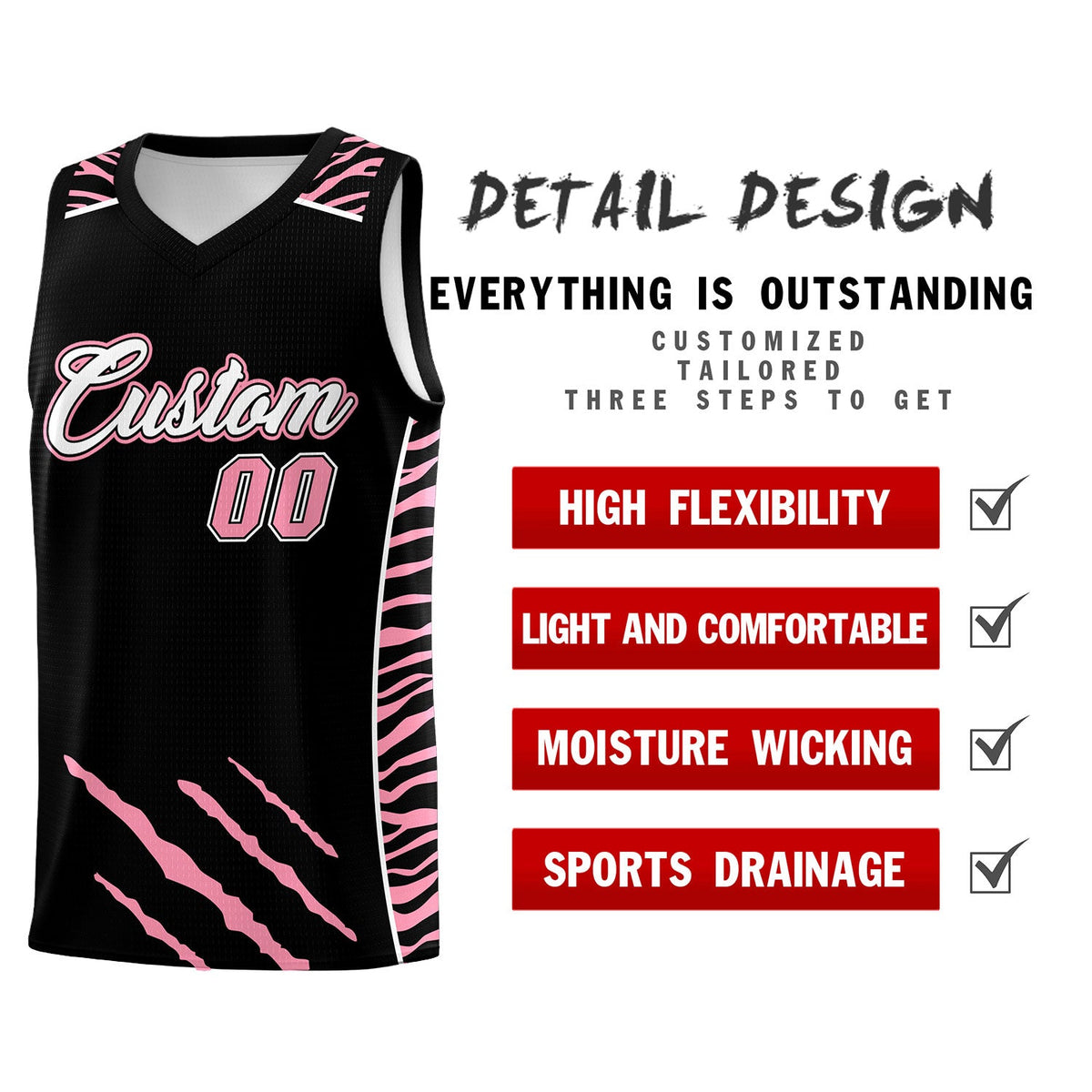 Custom Black Personalized Tiger Claw Pattern Sports Uniform Basketball Jersey