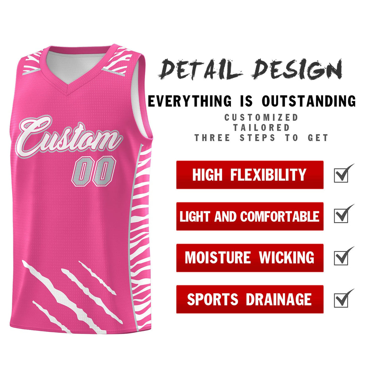 Custom Pink Personalized Tiger Claw Pattern Sports Uniform Basketball Jersey