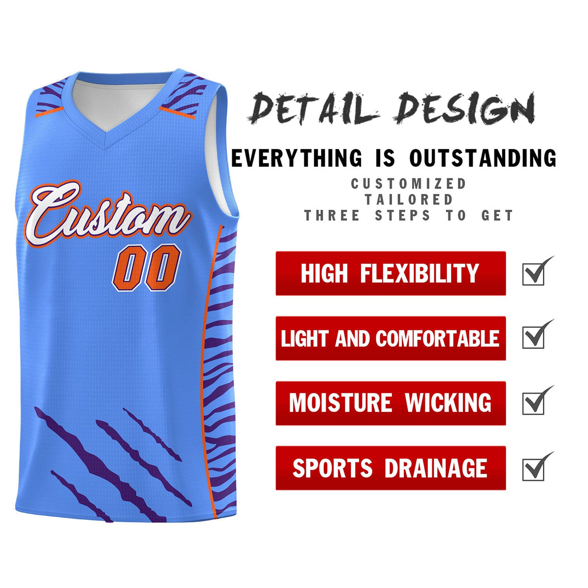 Custom Powder Blue Personalized Tiger Claw Pattern Sports Uniform Basketball Jersey