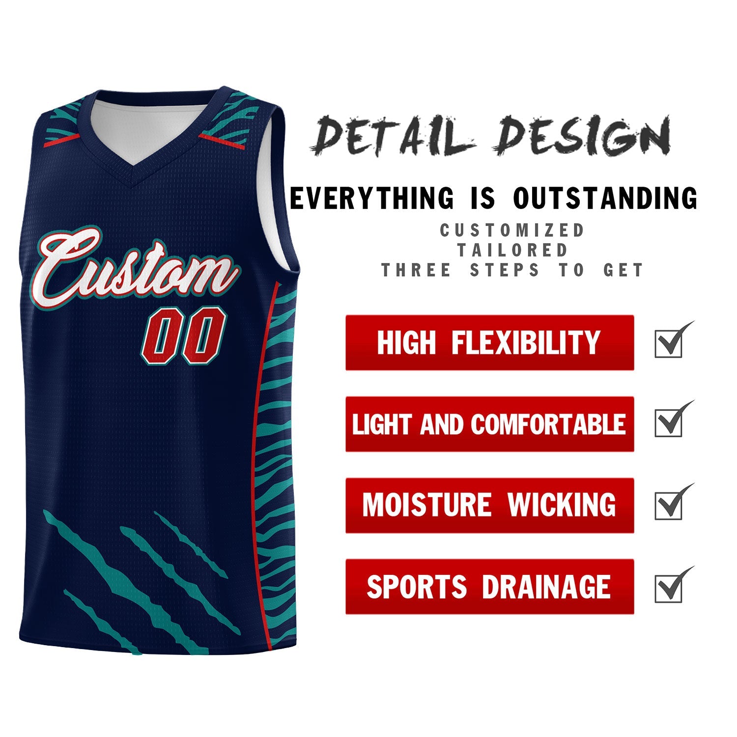 Custom Navy Personalized Tiger Claw Pattern Sports Uniform Basketball Jersey