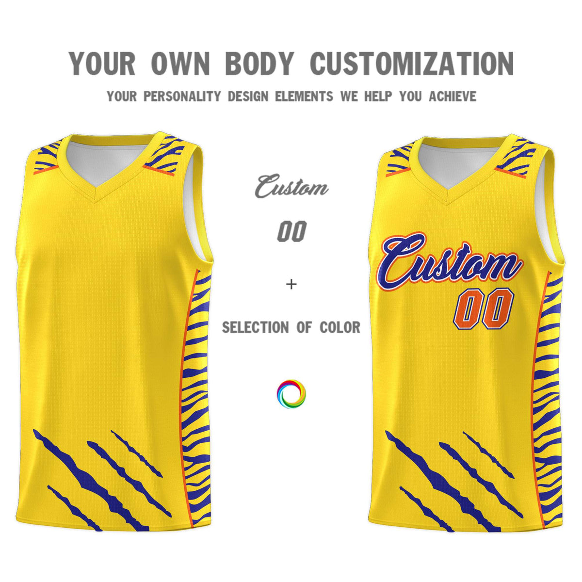Custom Gold Personalized Tiger Claw Pattern Sports Uniform Basketball Jersey