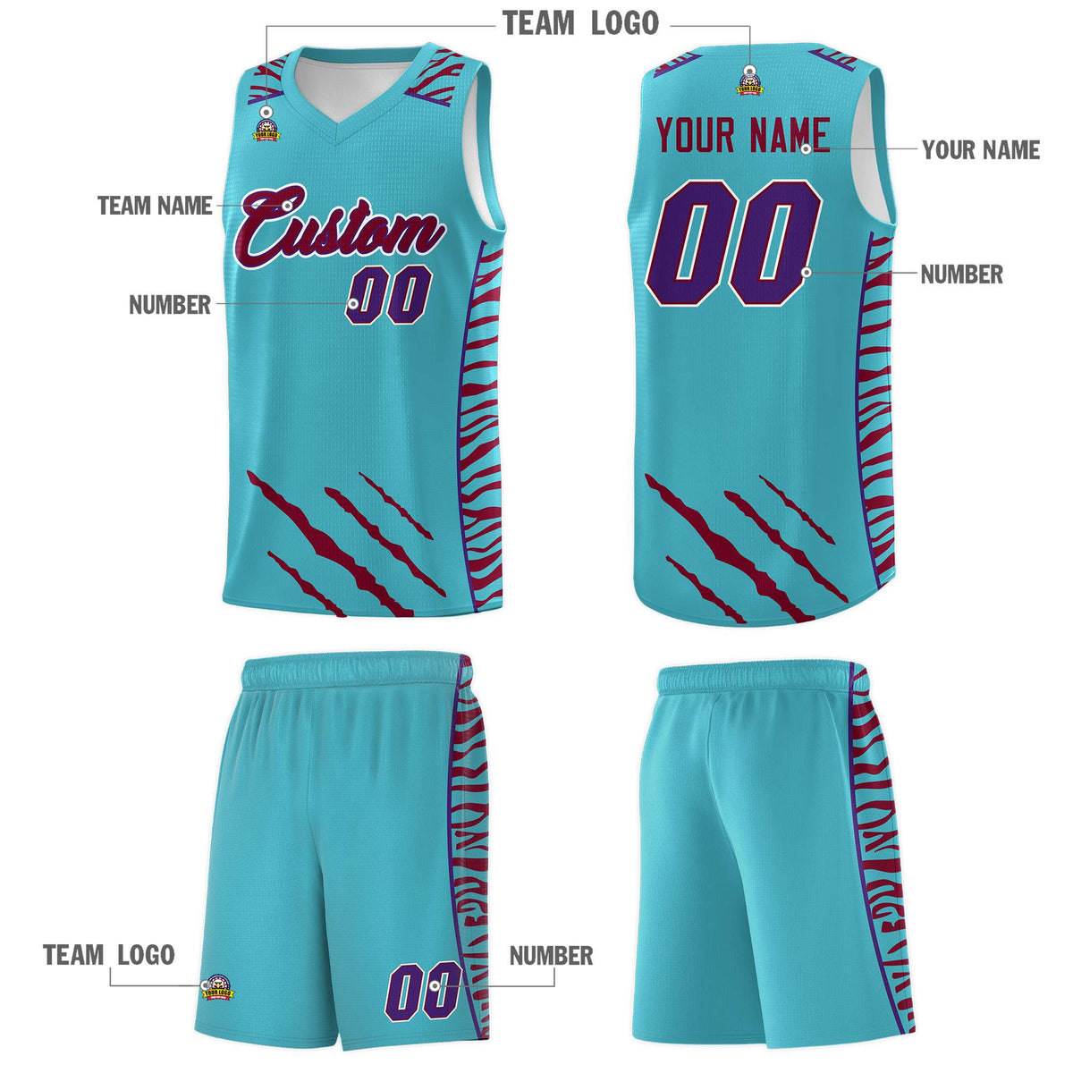 Custom Sky Blue Personalized Tiger Claw Pattern Sports Uniform Basketball Jersey