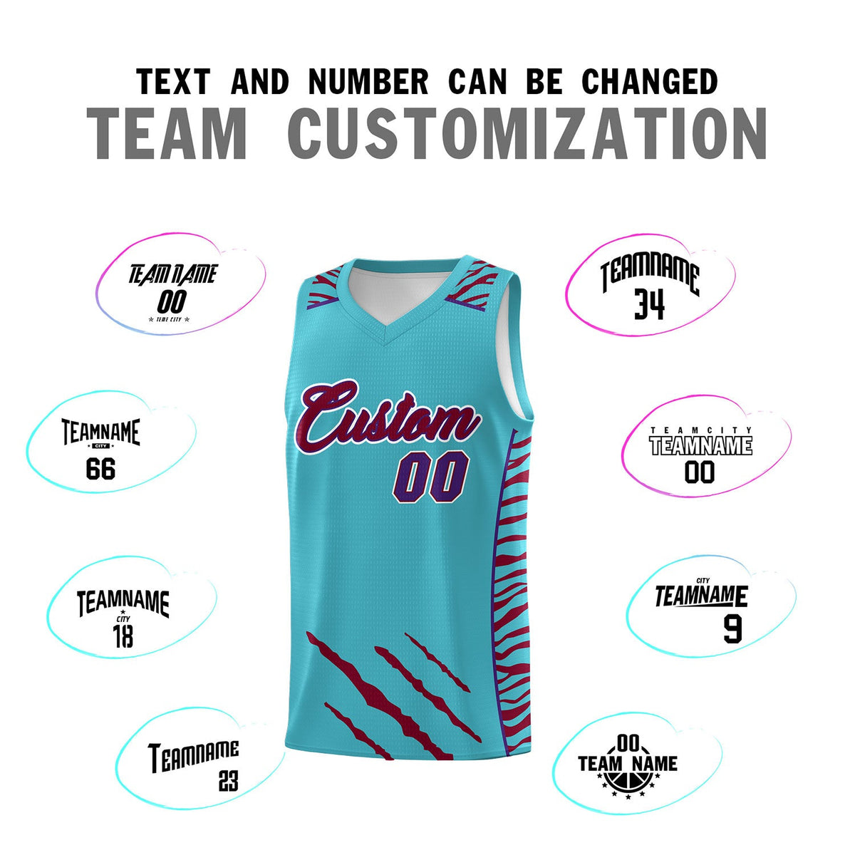 Custom Sky Blue Personalized Tiger Claw Pattern Sports Uniform Basketball Jersey