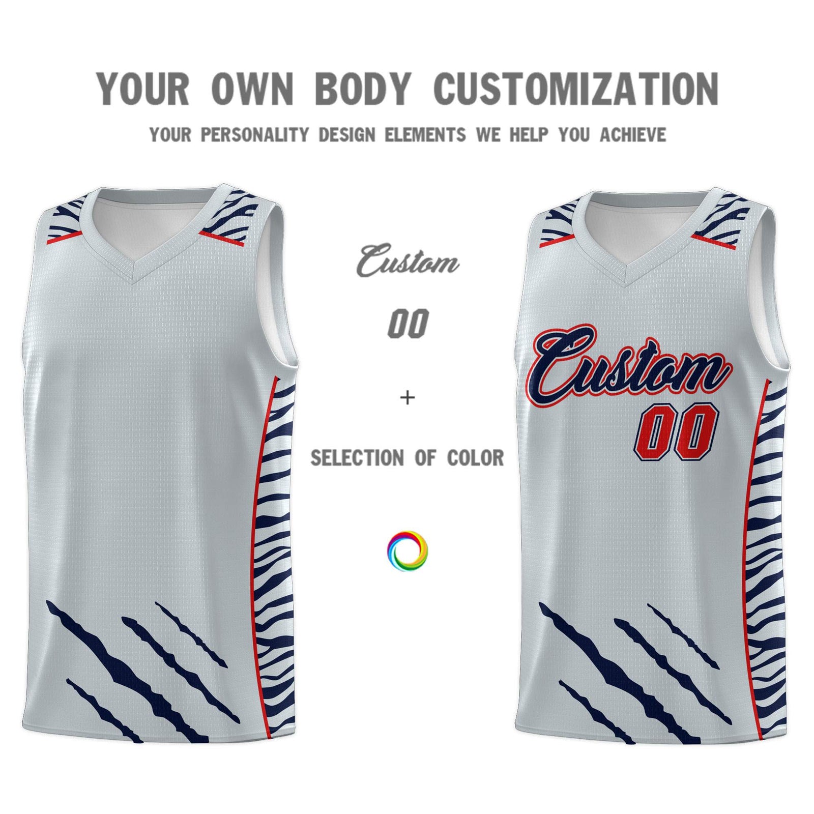 Custom Silver Personalized Tiger Claw Pattern Sports Uniform Basketball Jersey
