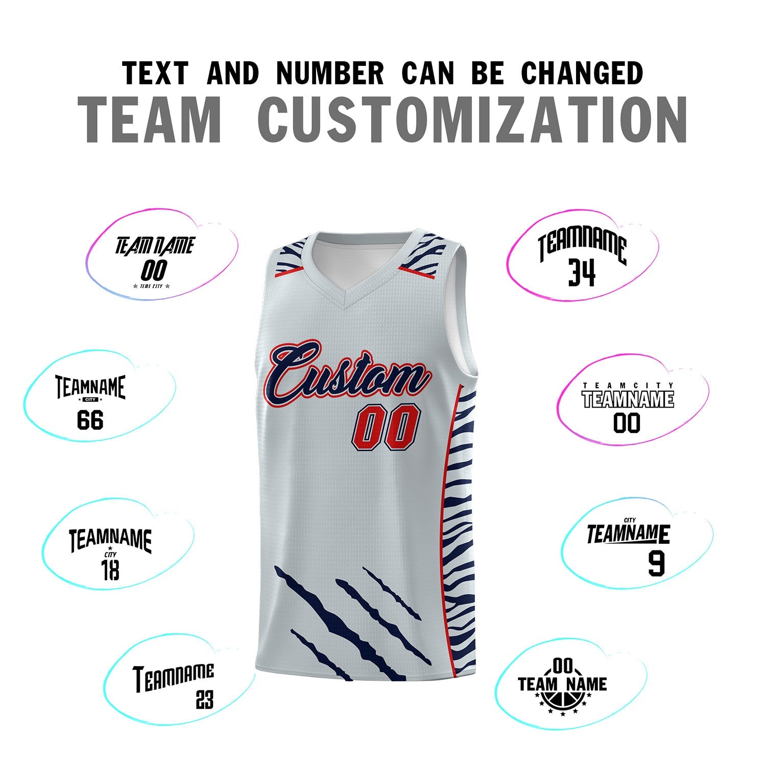 Custom Silver Personalized Tiger Claw Pattern Sports Uniform Basketball Jersey
