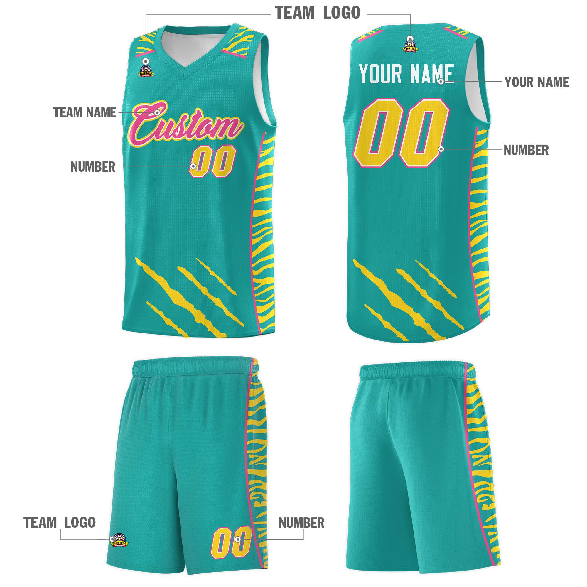 Custom Aqua Personalized Tiger Claw Pattern Sports Uniform Basketball Jersey