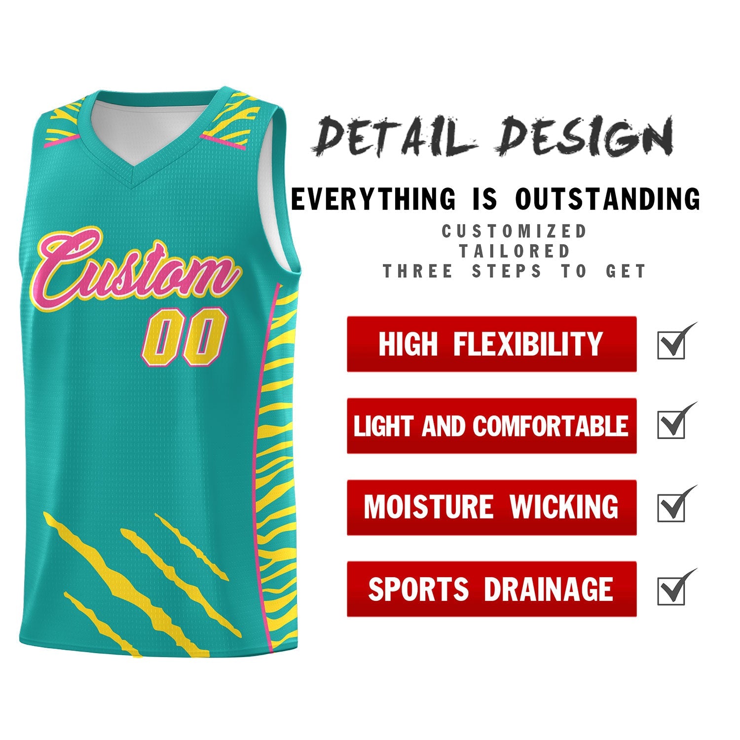 Custom Aqua Personalized Tiger Claw Pattern Sports Uniform Basketball Jersey