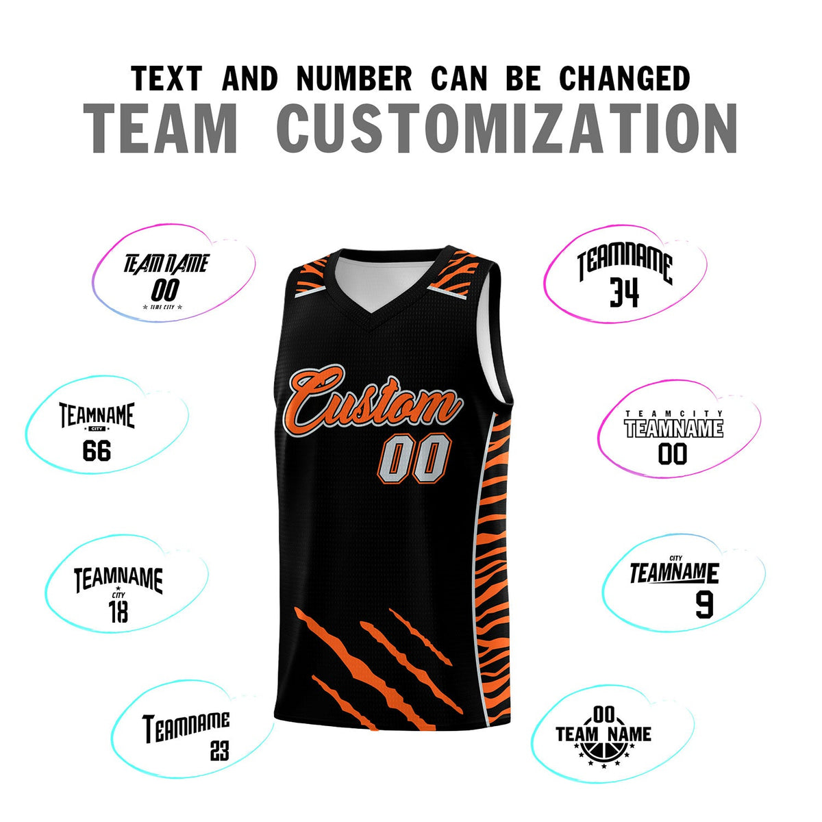 Custom Black Personalized Tiger Claw Pattern Sports Uniform Basketball Jersey