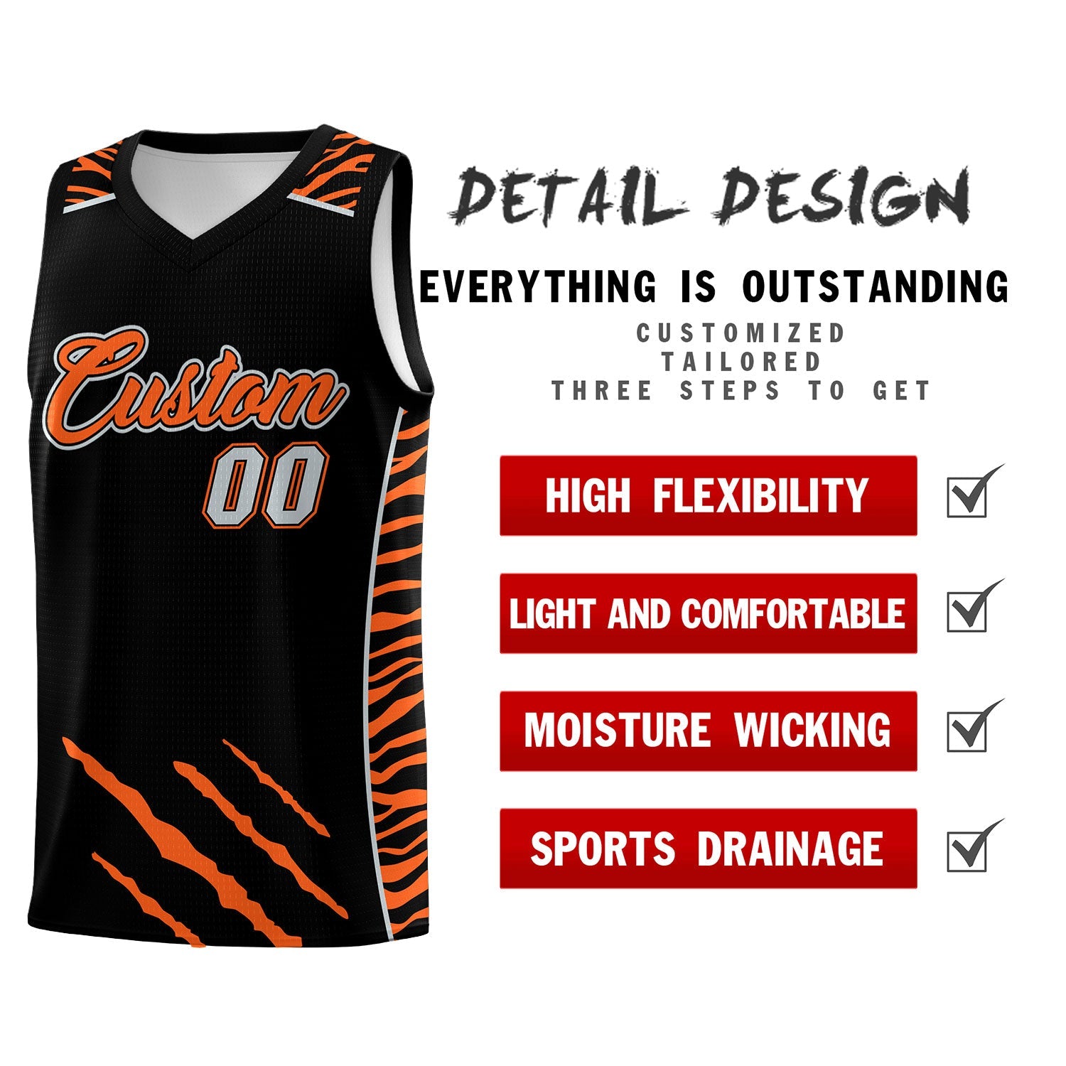 Custom Black Personalized Tiger Claw Pattern Sports Uniform Basketball Jersey