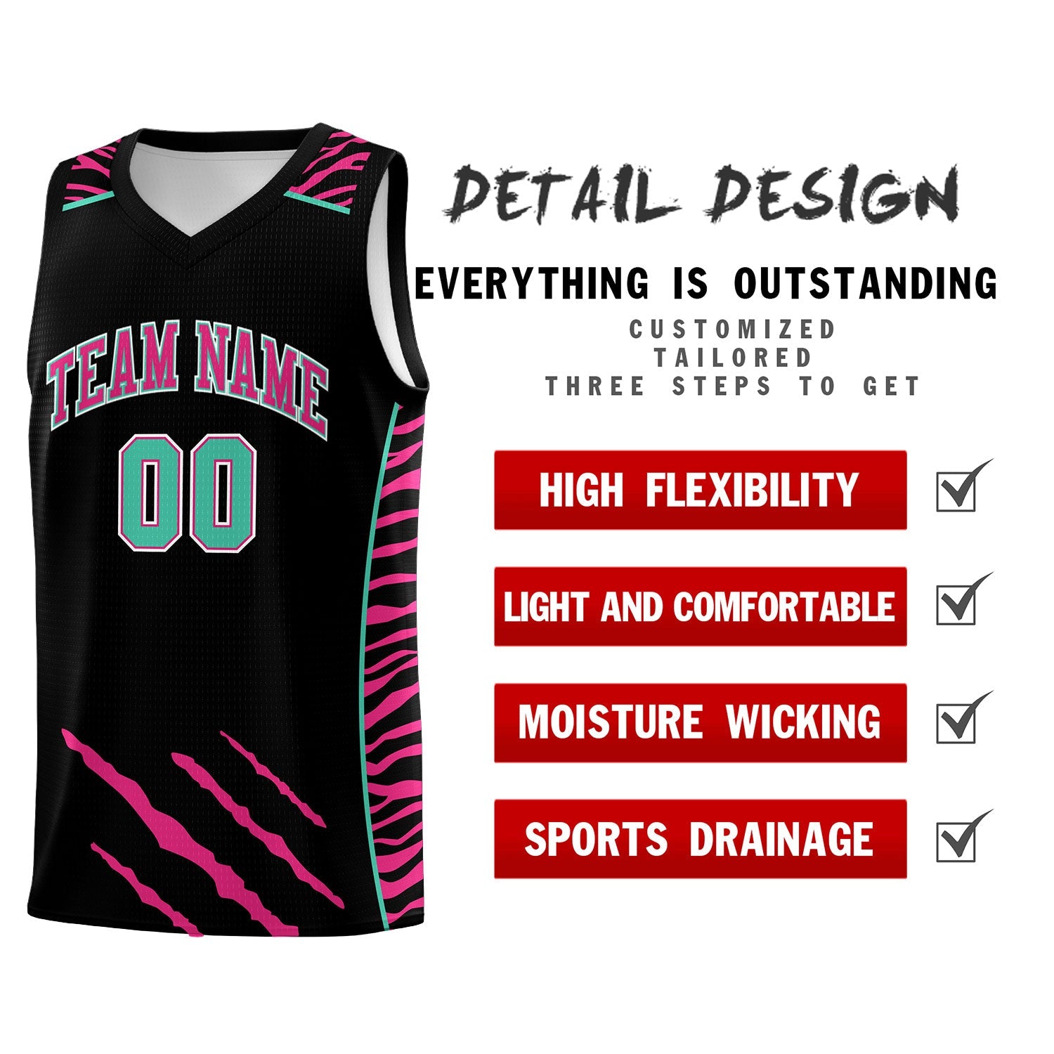 Custom Black Personalized Tiger Claw Pattern Sports Uniform Basketball Jersey