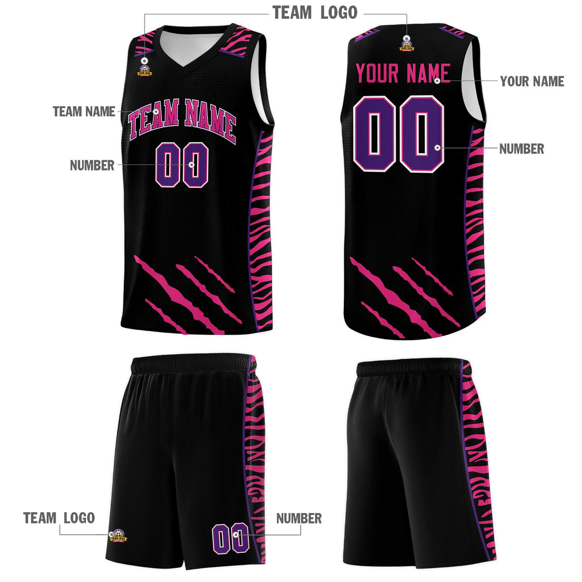 Custom Black Personalized Tiger Claw Pattern Sports Uniform Basketball Jersey