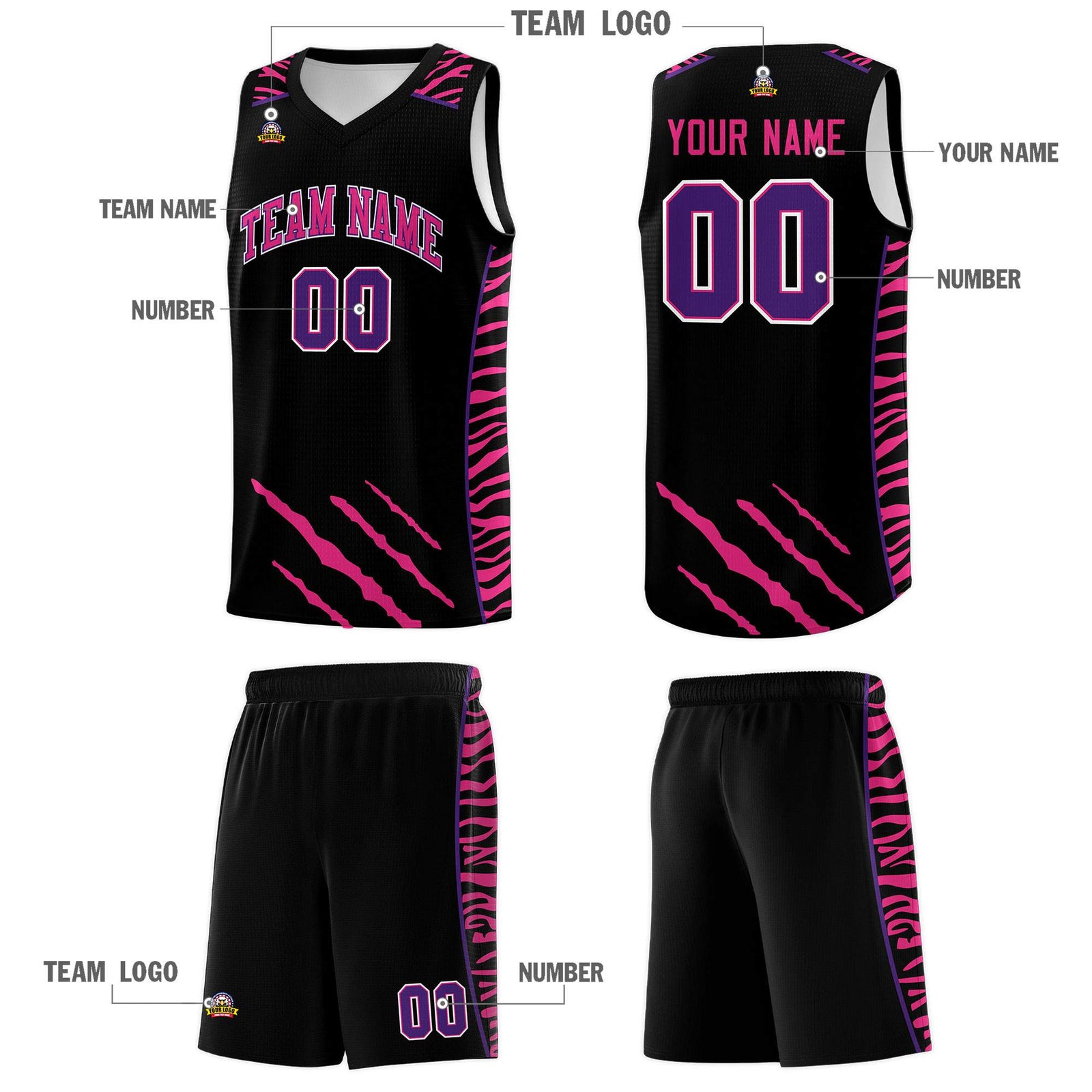 Custom Black Personalized Tiger Claw Pattern Sports Uniform Basketball Jersey