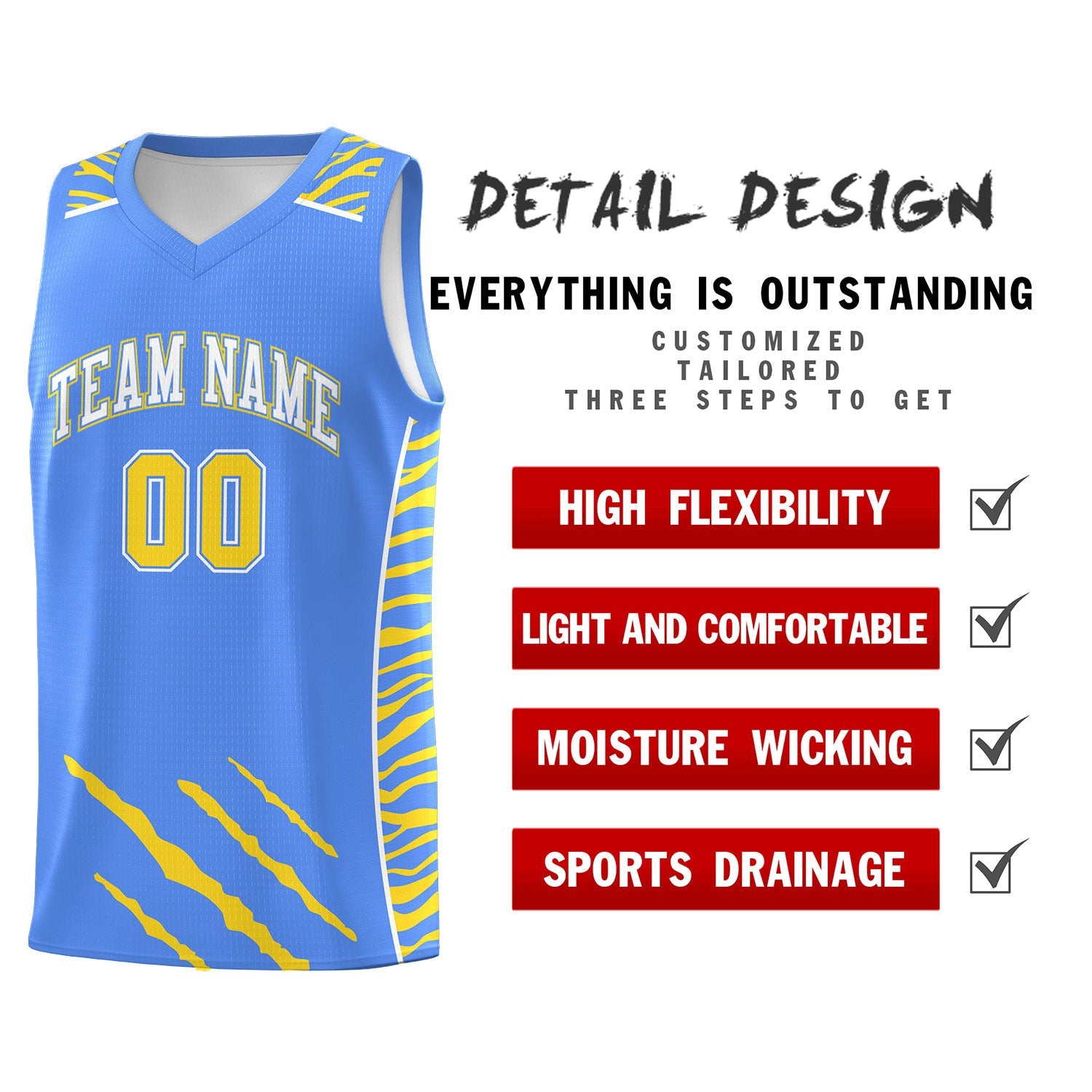 Custom Powder Blue Personalized Tiger Claw Pattern Sports Uniform Basketball Jersey