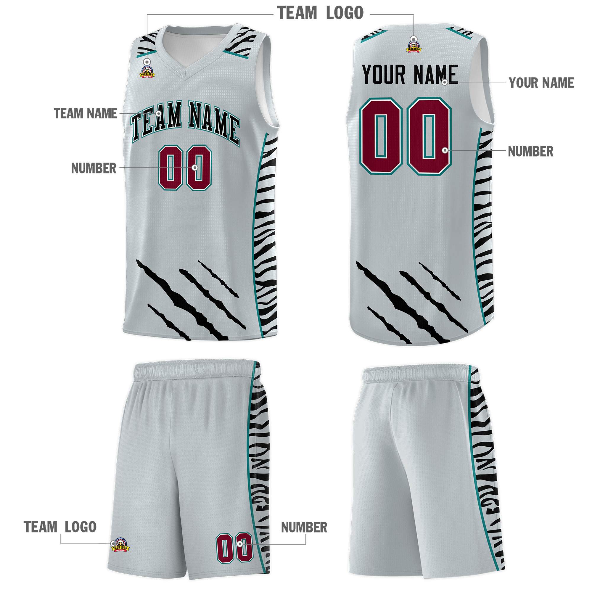 Custom Silver Personalized Tiger Claw Pattern Sports Uniform Basketball Jersey