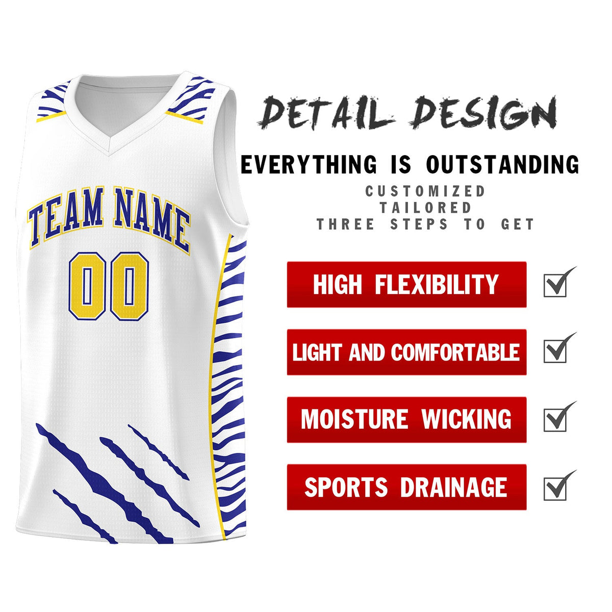Custom White Personalized Tiger Claw Pattern Sports Uniform Basketball Jersey