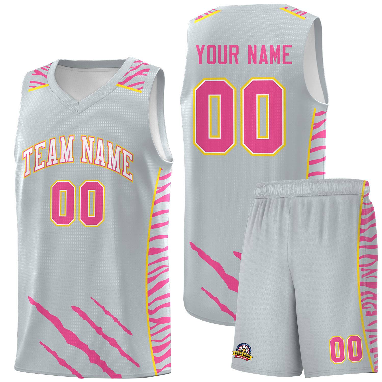 Custom Silver Personalized Tiger Claw Pattern Sports Uniform Basketball Jersey